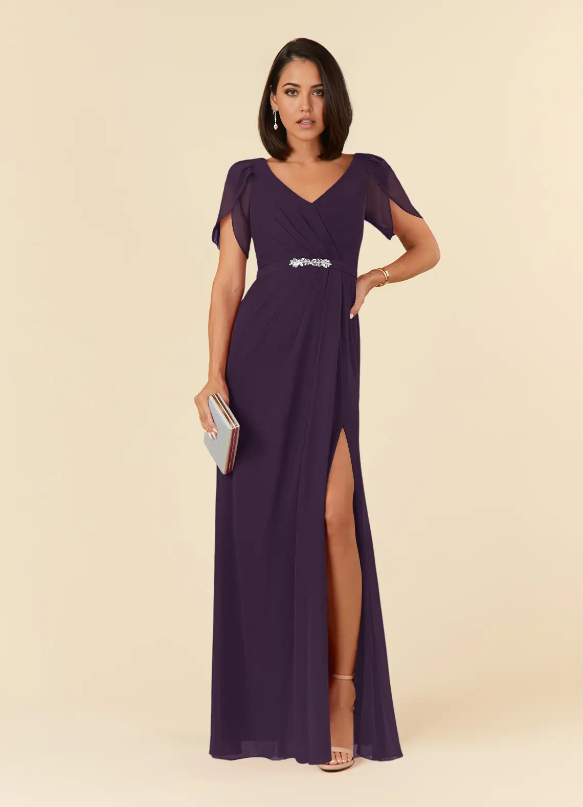 Sheath V-Neck Pleated Chiffon Plum Mother of the Bride Dresses