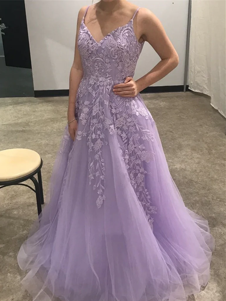 A Line V Neck Tulle Lace Long Prom Dresses