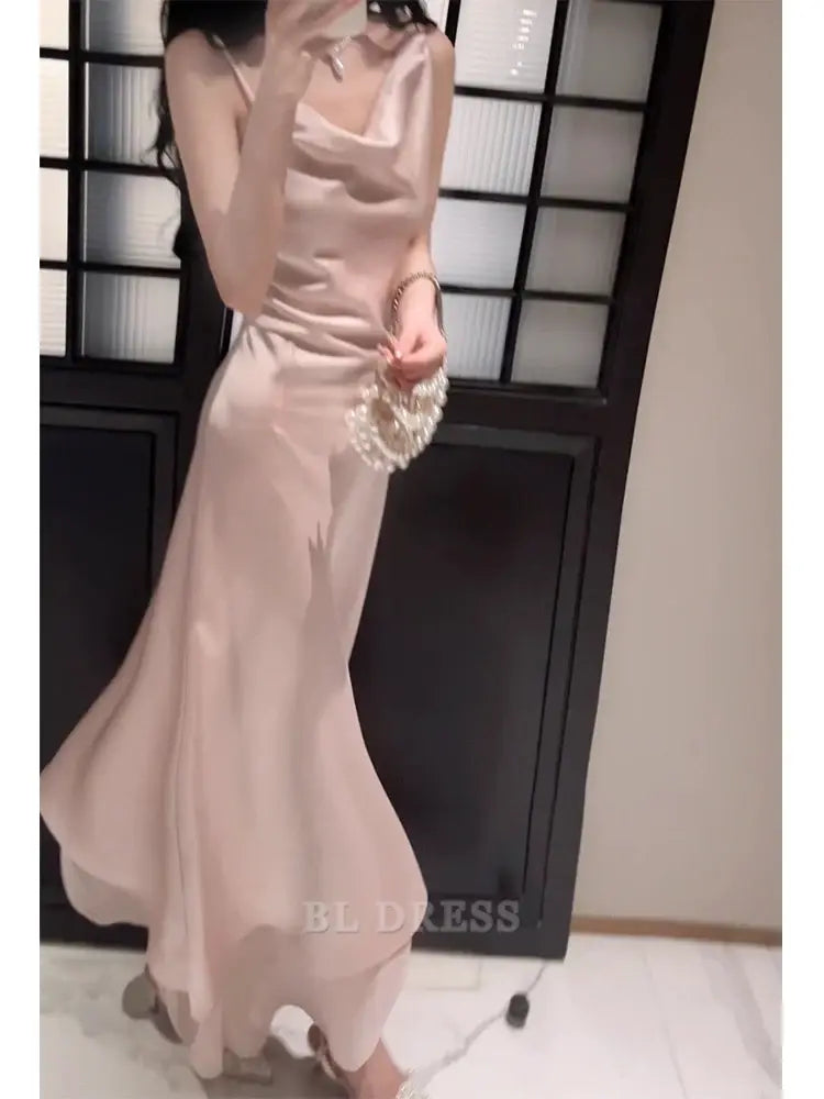 A Line Spaghetti Straps Silk Satin Pink formal dresses Bridesmaid Dresses evening gown Prom Dress