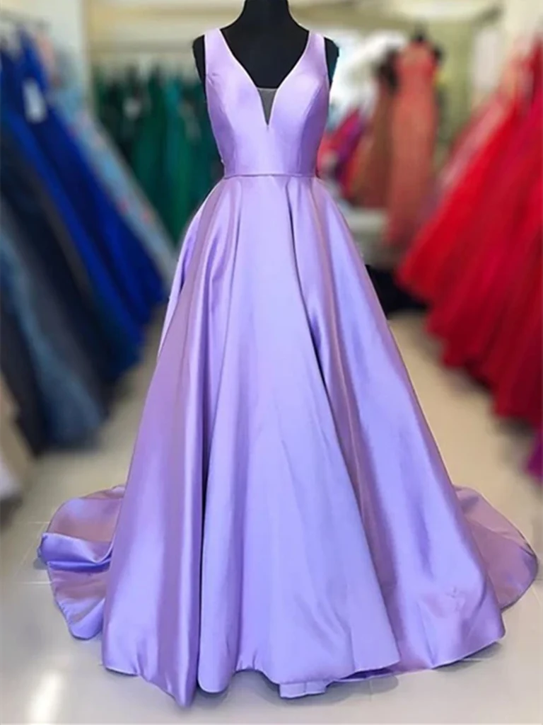 A Line V Neck Satin Long Prom Dresses School Party Gown Formal Evening Dresses