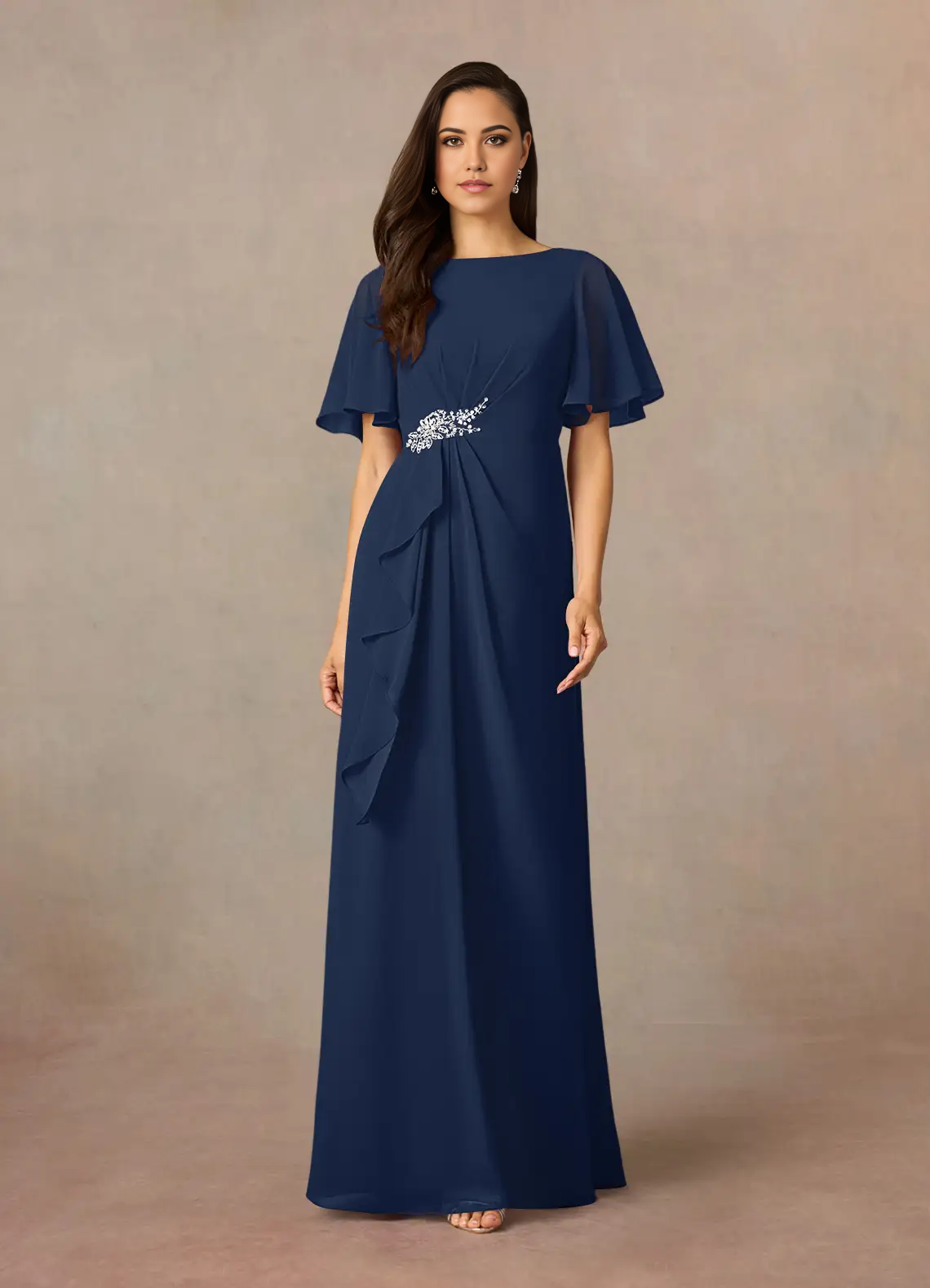 Sheath Crew Neck Beaded Chiffon Dark Navy formal dresses evening dress Mother of the Bride Dresses