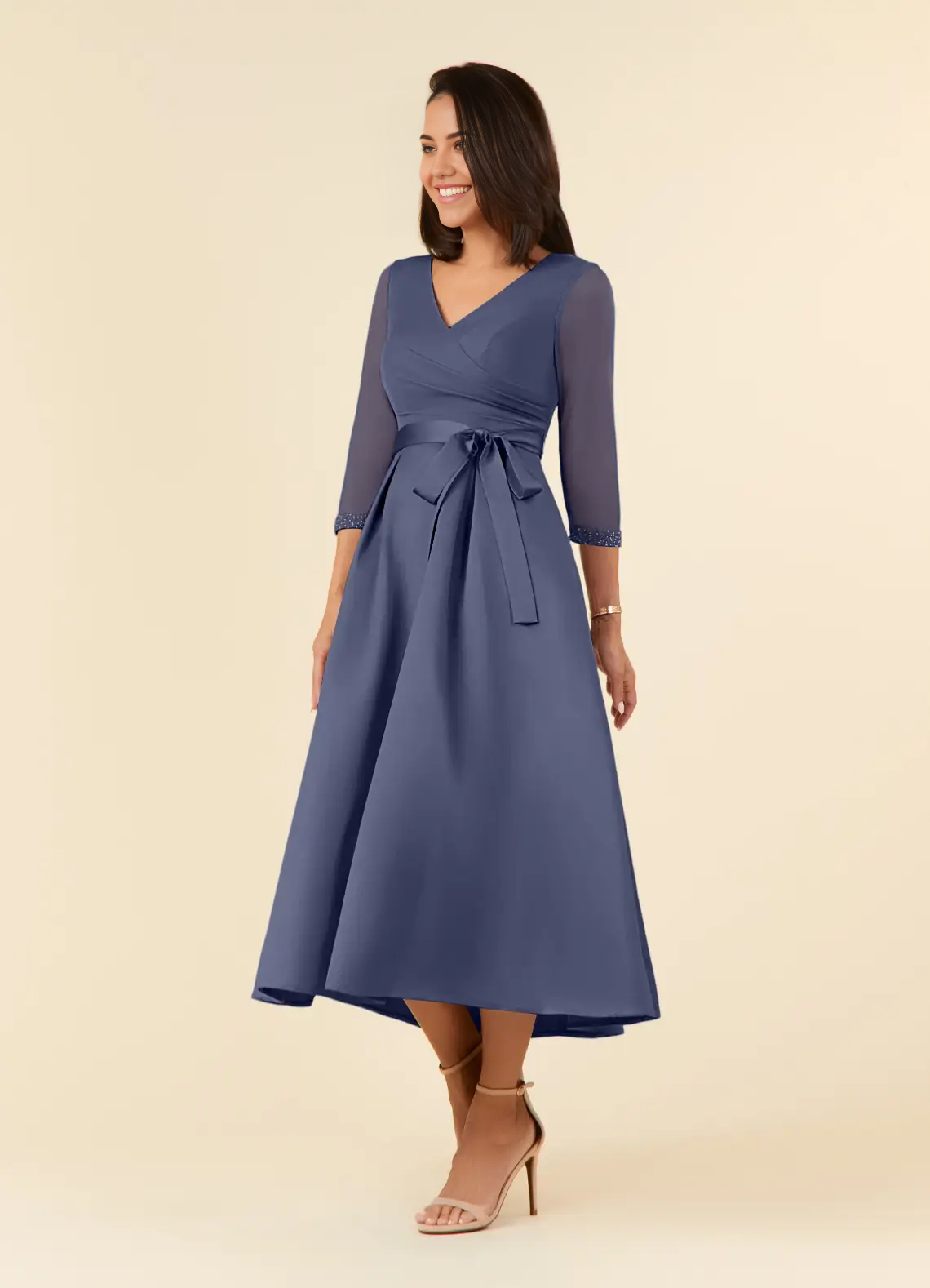 A-Line V-Neck Pleated Tea Length Stormy formal dresses evening dress Mother of the Bride Dresses