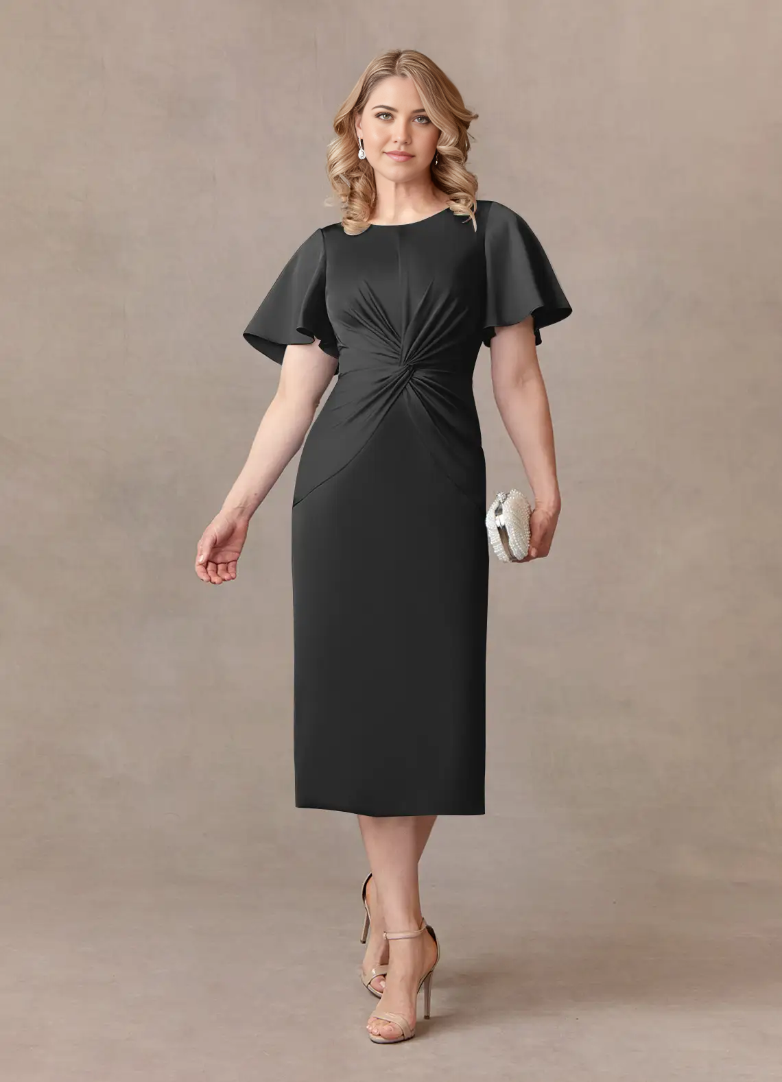 Sheath Crew Neck Pleated Tea Length Satin Black formal dresses evening dress Mother of the Bride Dresses