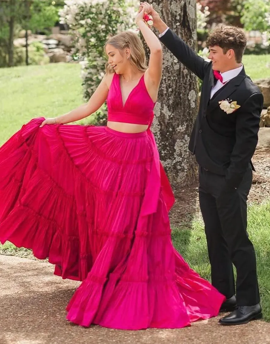 Two Piece A-Line V Neck Ruffled Fuchsia formal dresses evening dress Long Prom Dress