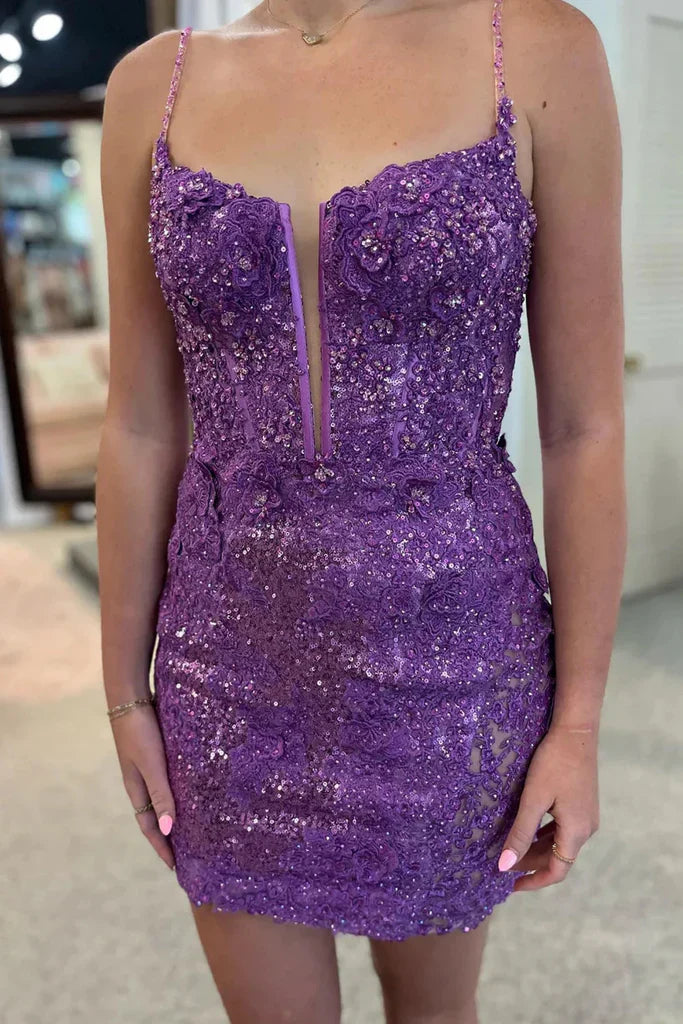 Bodycon V-Ausschnitt Pailletten Spitze Rückenfreies Ballkleid Kurzes formelles Abendkleid Homecoming