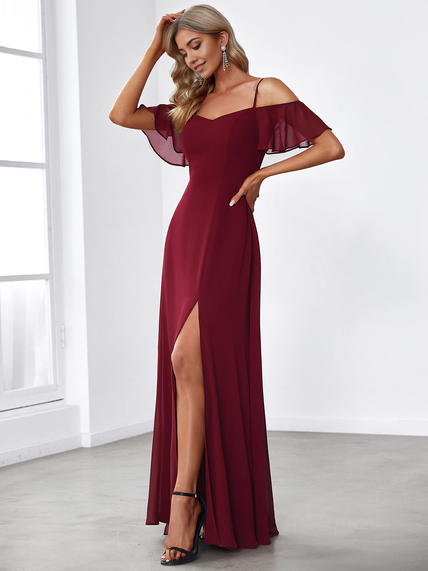 A-Line Off Shoulder Short Sleeve Split Floor Length formal dresses Bridesmaid Dresses evening gown Prom Dress