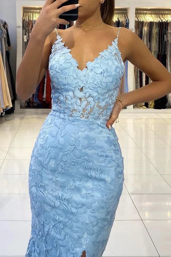 Mermaid V Neck Backless Lace Long Prom Dress