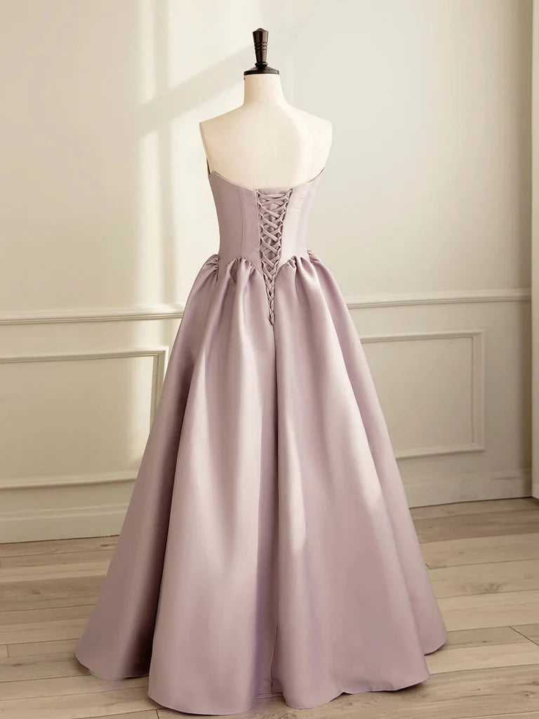 A Line Satin Strapless Long Prom Dresses