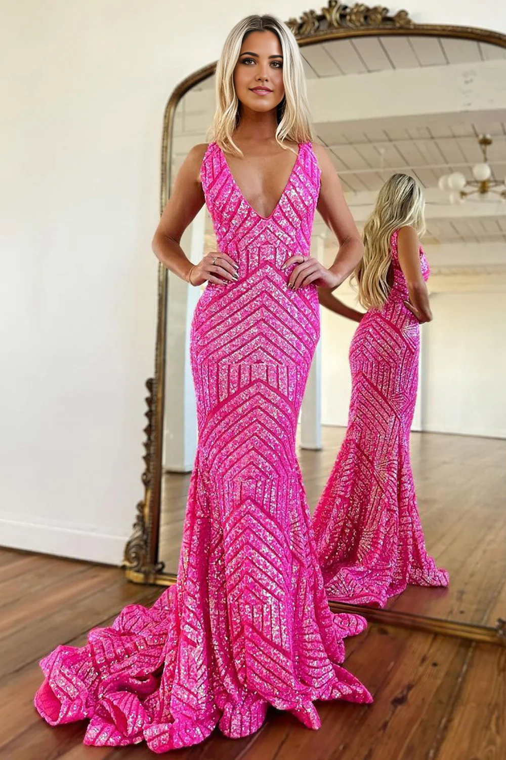 Mermaid V-Neck Sparkly Sequin Open Back Long evening gown formal dresses Prom Dress