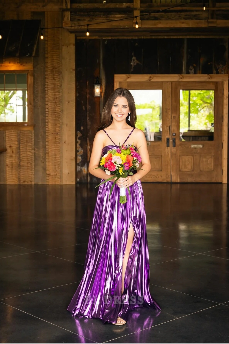 A-Line Halter Neck Sparkly Purple Long formal dresses Bridesmaid Dresses evening gown Prom Dress With Split