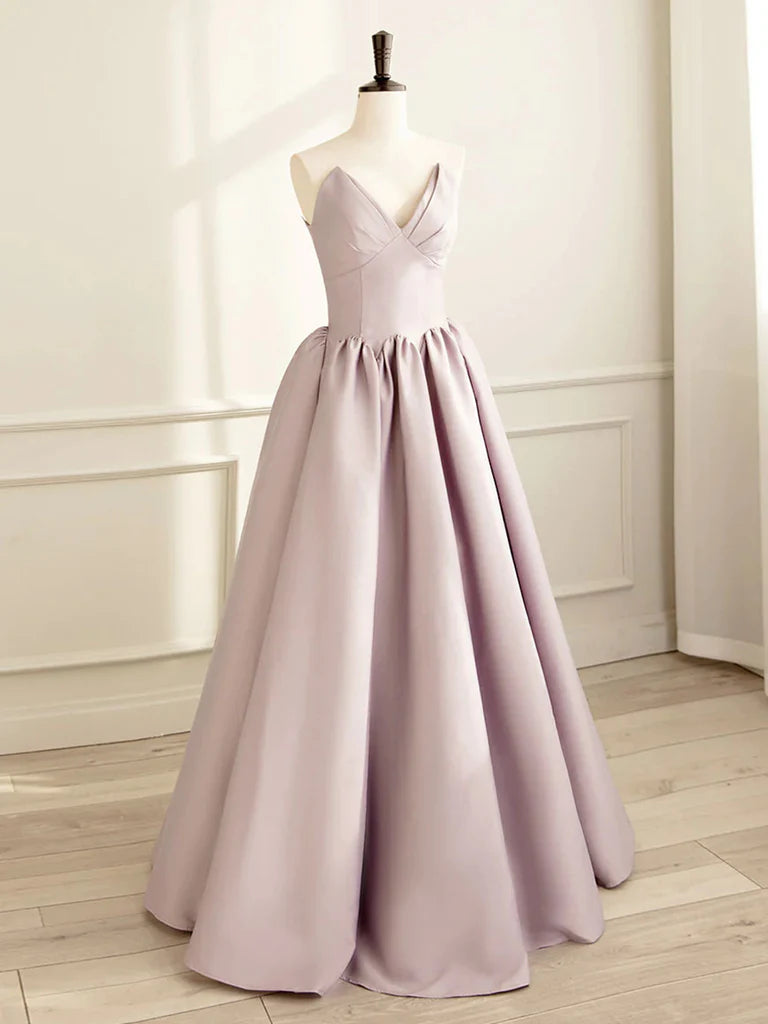 A Line Satin Strapless Long Prom Dresses