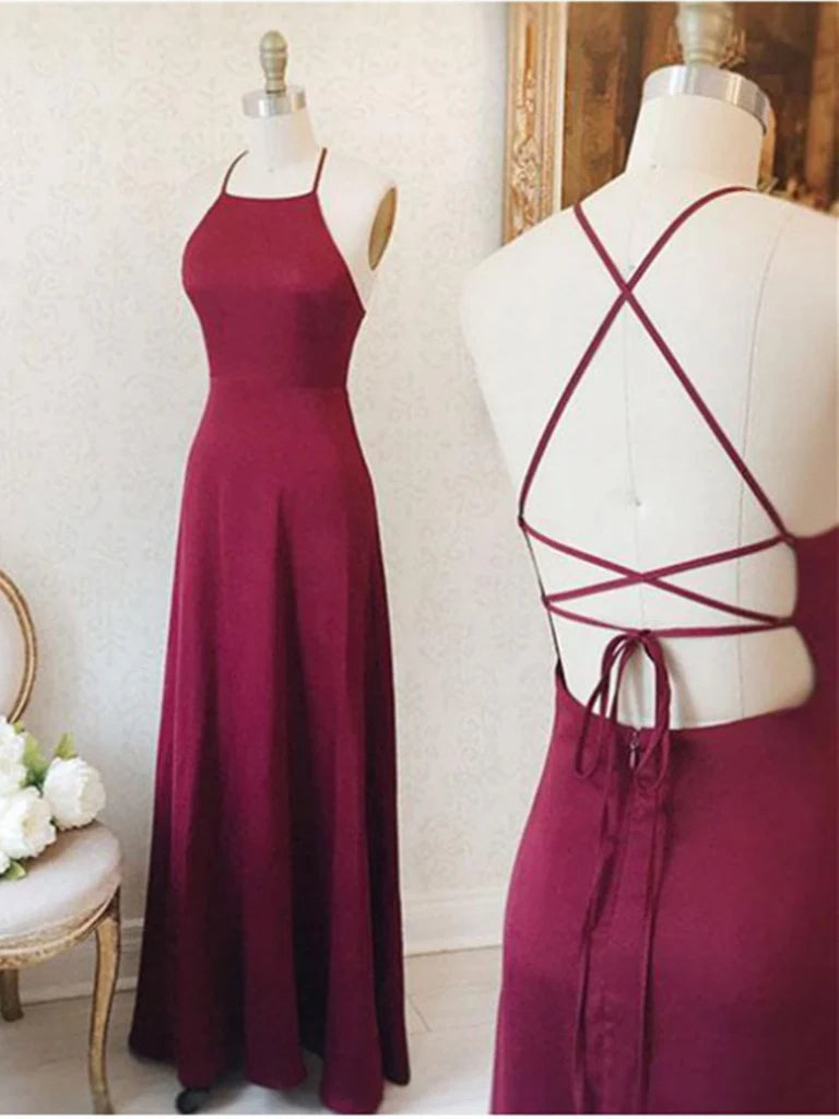 A Line Satin Criss-Cross Straps Sleeveless Prom Dresses Long Evening Dress