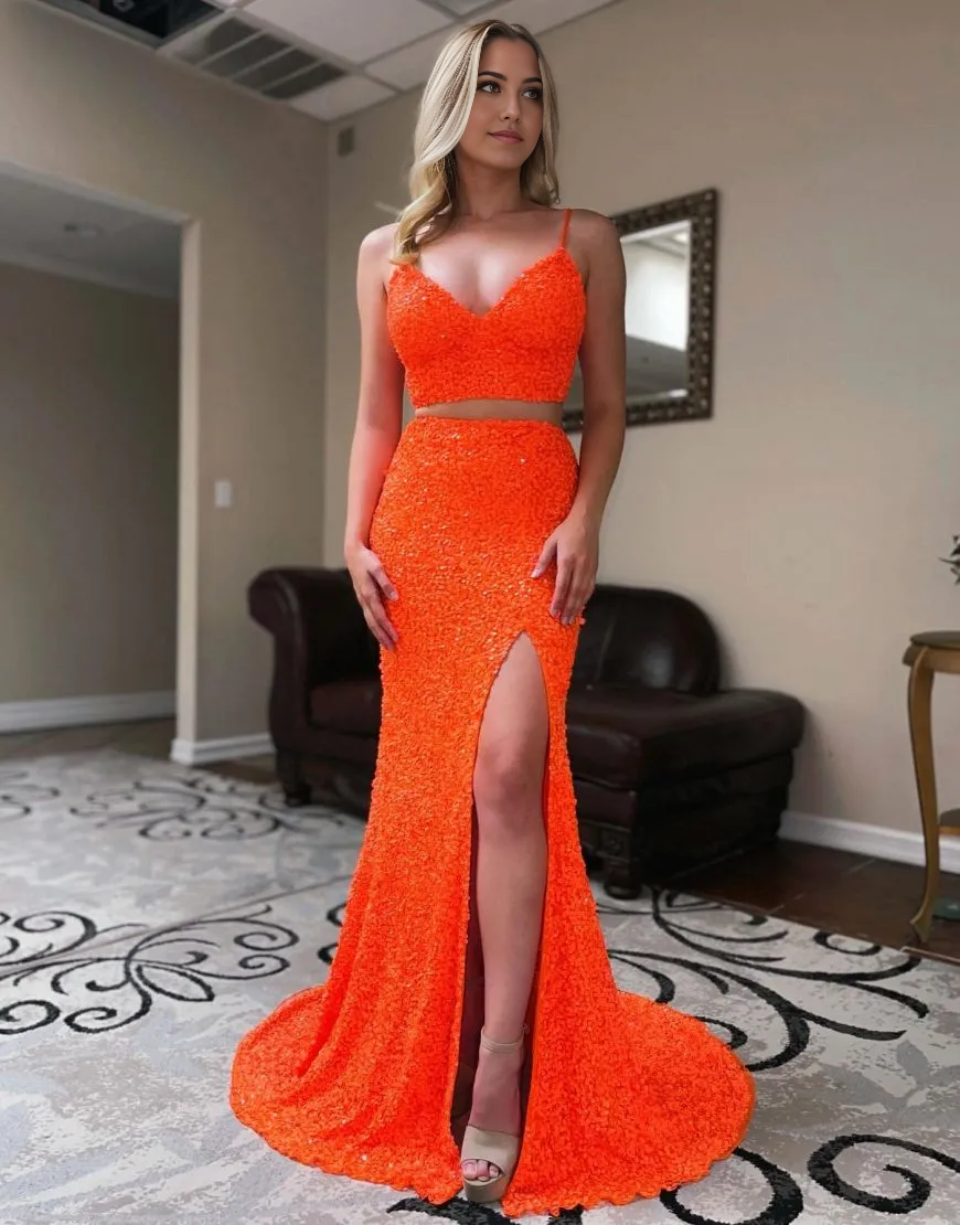 Two Pieces Mermaid Spaghetti Straps Corset Back Long Sequin formal dresses evening gown Prom Dress