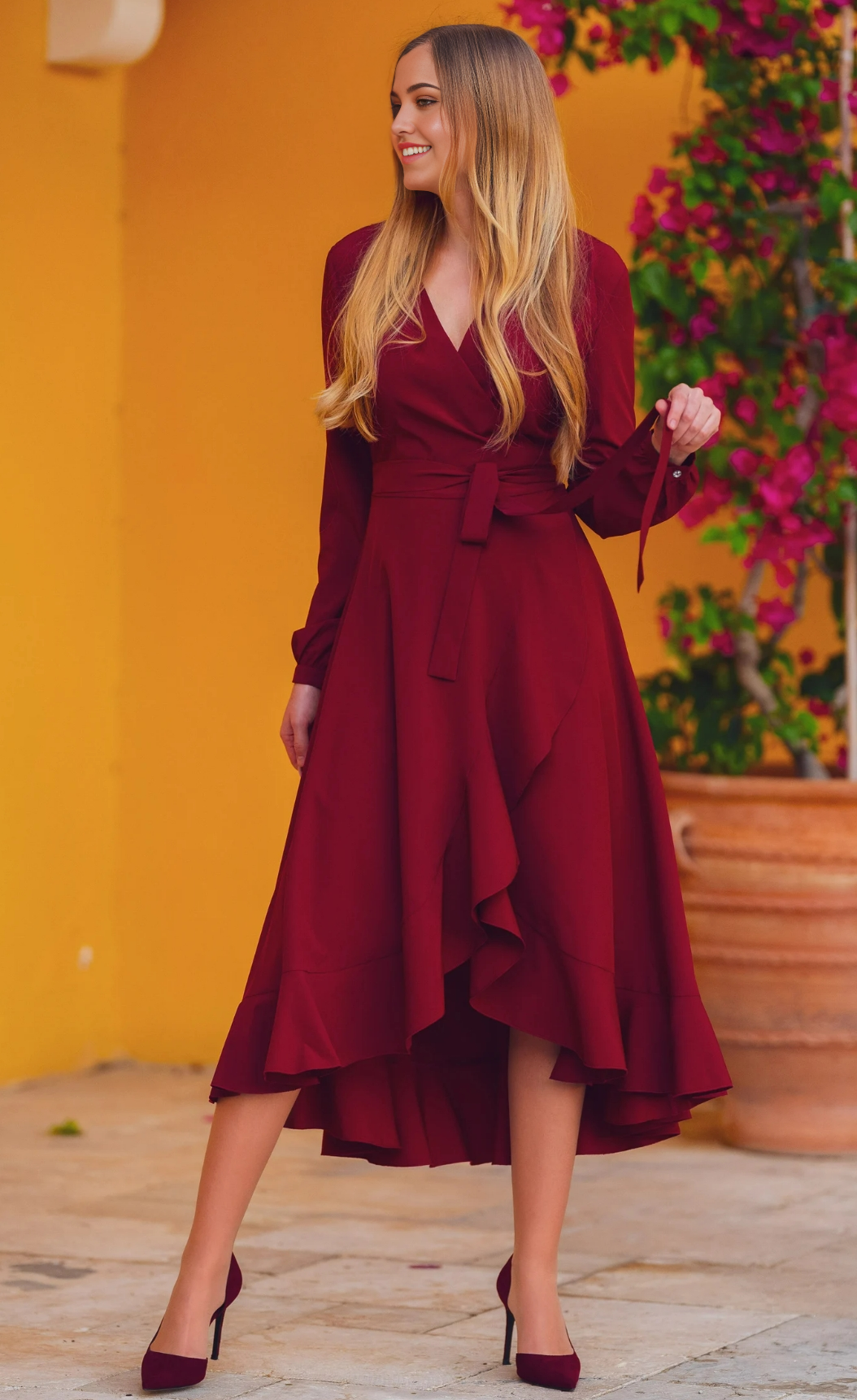 A-line V-Neck Tea Length Long Sleeve Cocktail Dress Bridesmaid Dress Formal Dresses for Wedding Guest Mother of the Bride Dresses