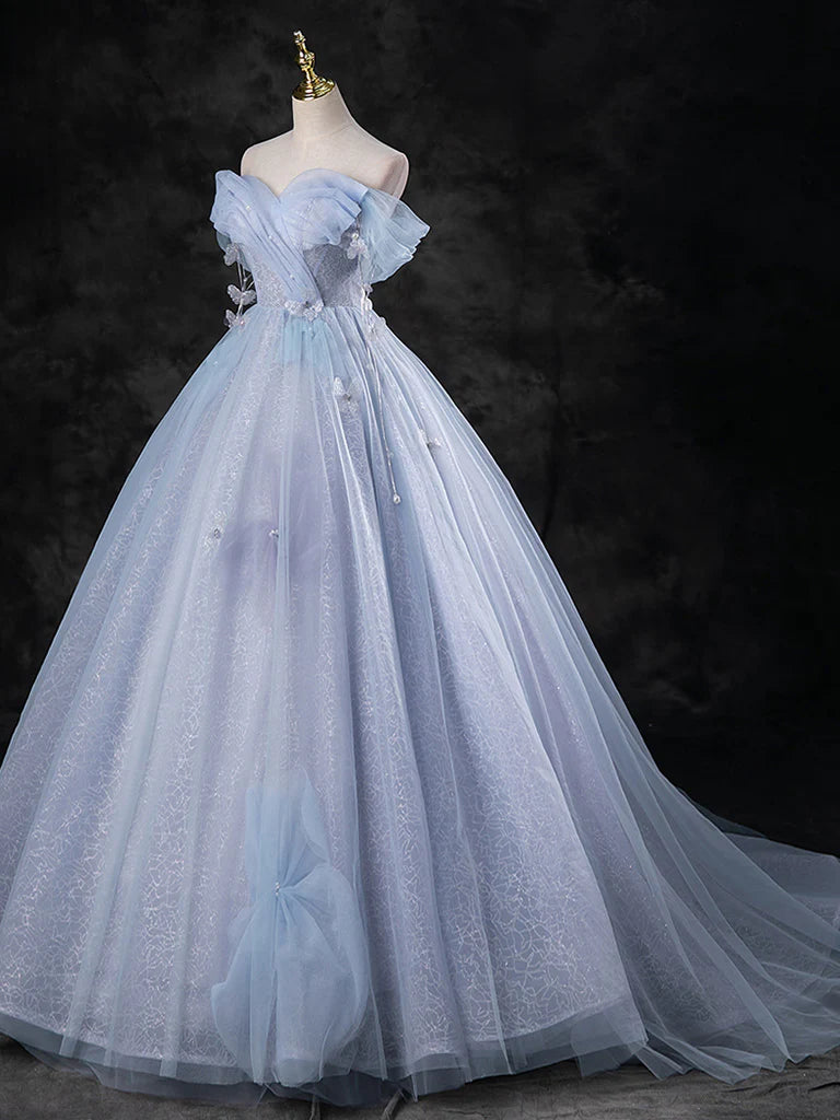 A-Line Sweetheart Neck Off Shoulder Tulle Long Prom Dress