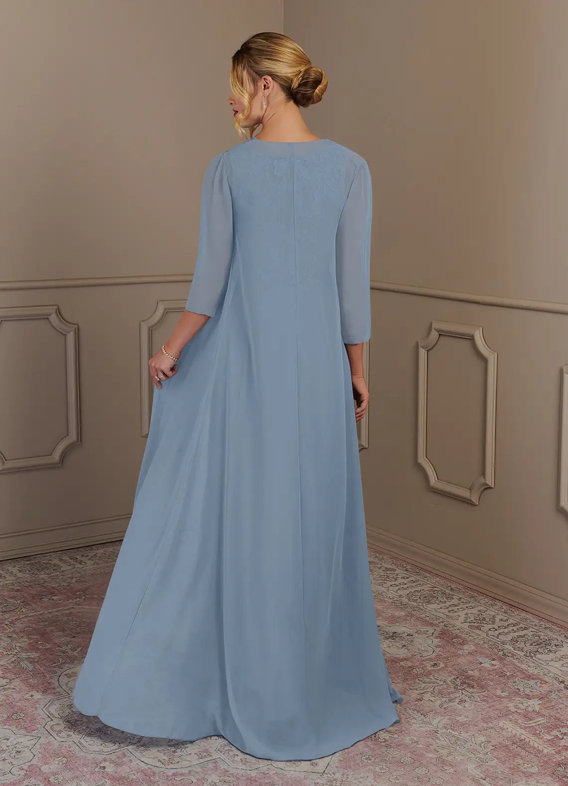 Two Piece A-Line Scoop lace Chiffon Dusty Blue formal dresses evening dress Mother of the Bride Dresses