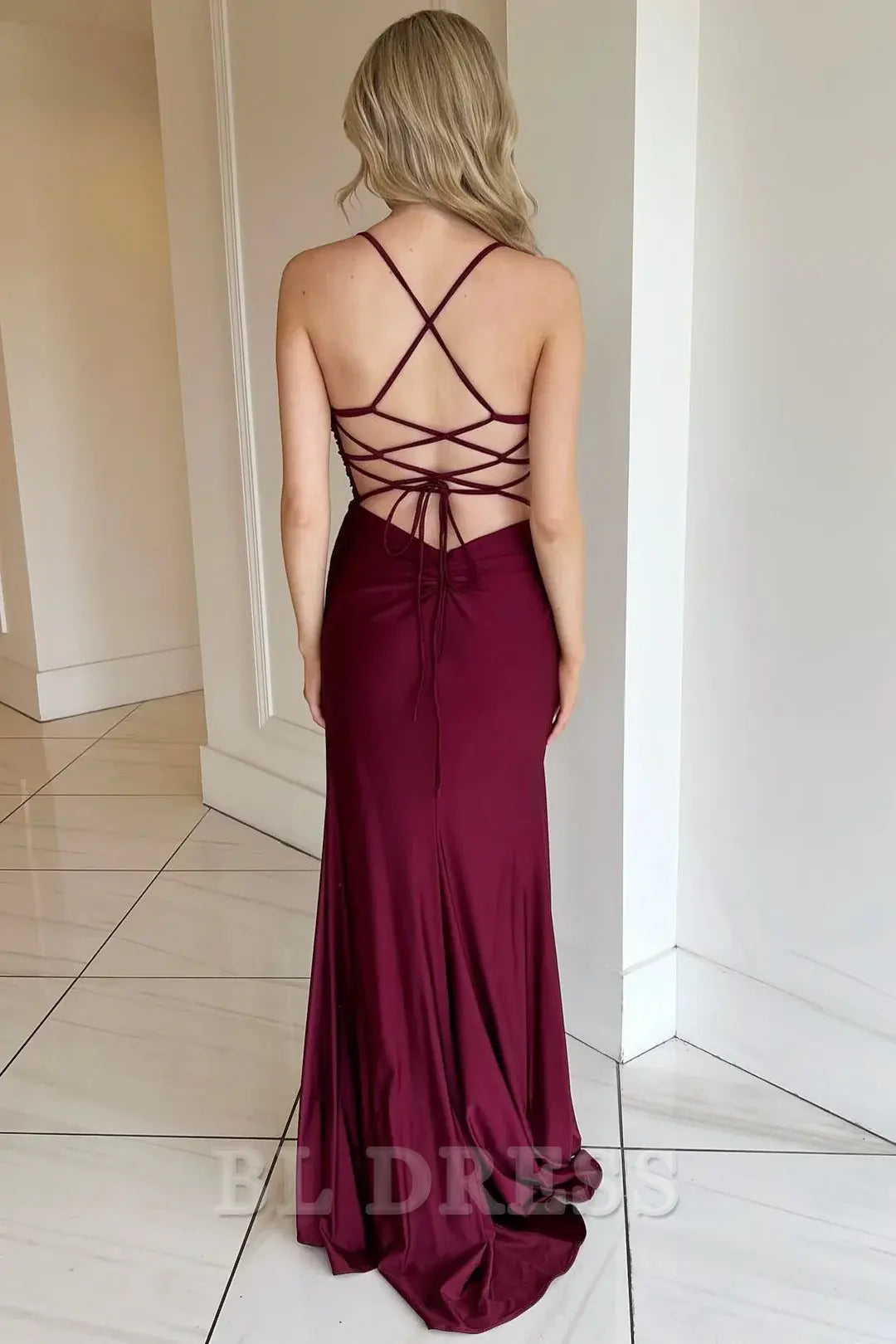 Sheath V-Neck Lace-Up Backless Burgundy Long formal dresses evening gown Prom Dress with Slit