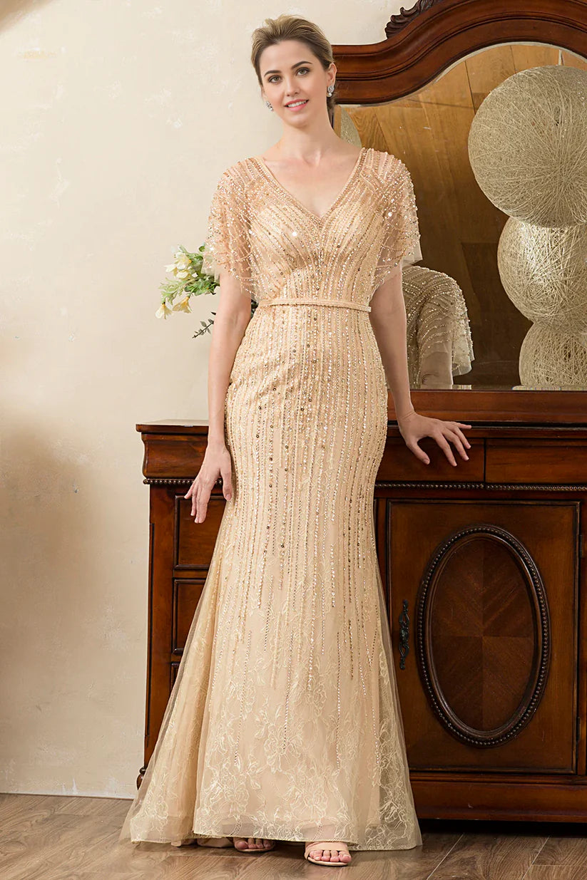 Mermaid Beading V-neck Glitter Mother of Bride Dress