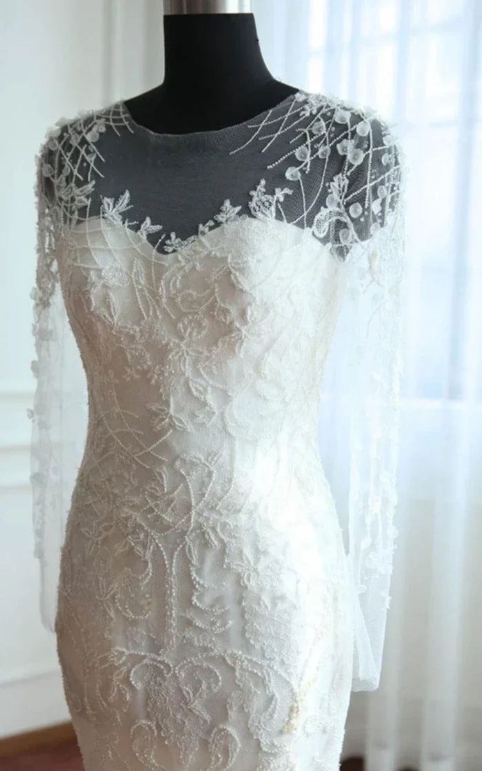 Tüllspitze Langarm Glocke Perlen Blume Satin Kleid