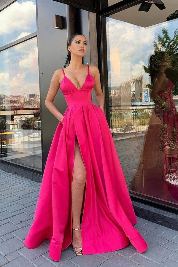 A Line V Neck Gray Red Pink Satin Split Prom Dresses Formal Dresses