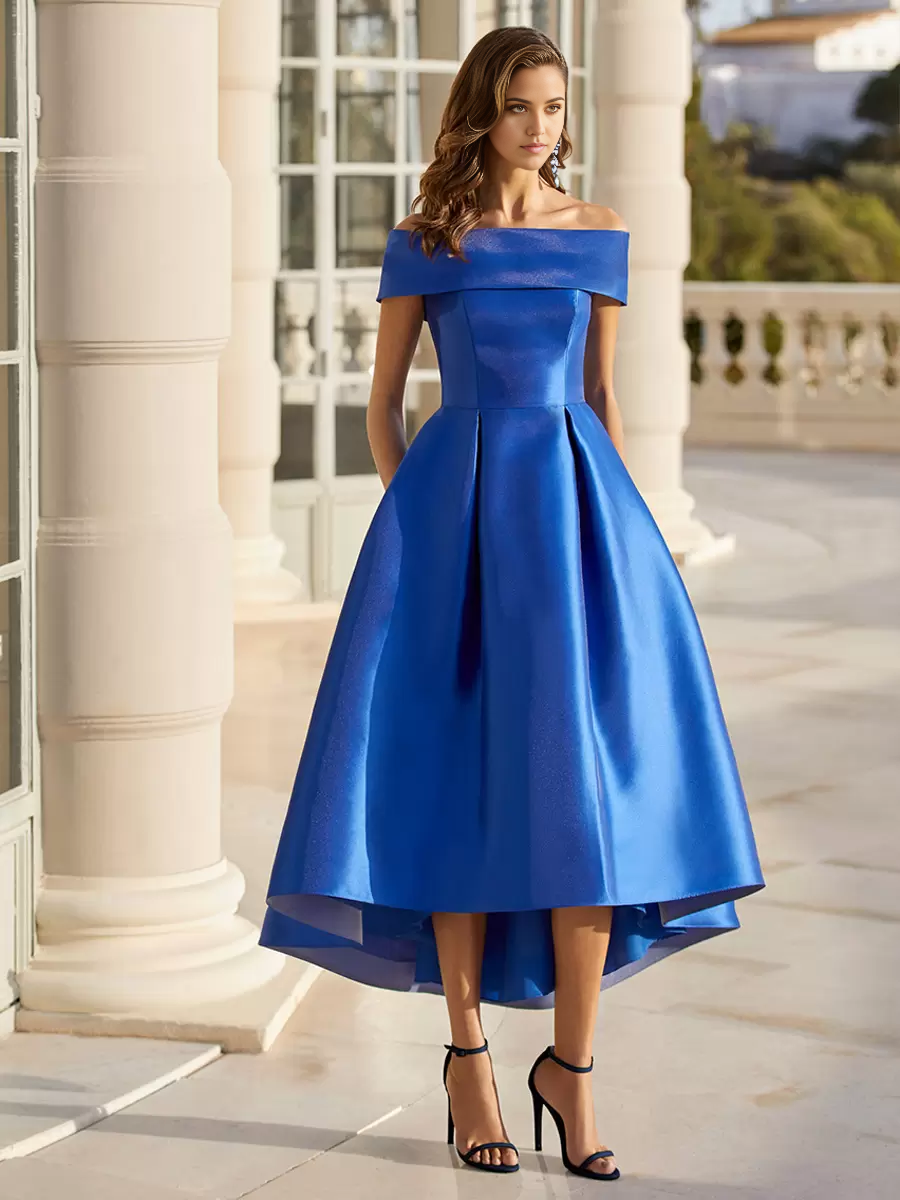 A-line Elegant Off-The-Shoulder Short Tea-Length Satin formal dress evening gown Wedding Guest Dresses Prom Dress