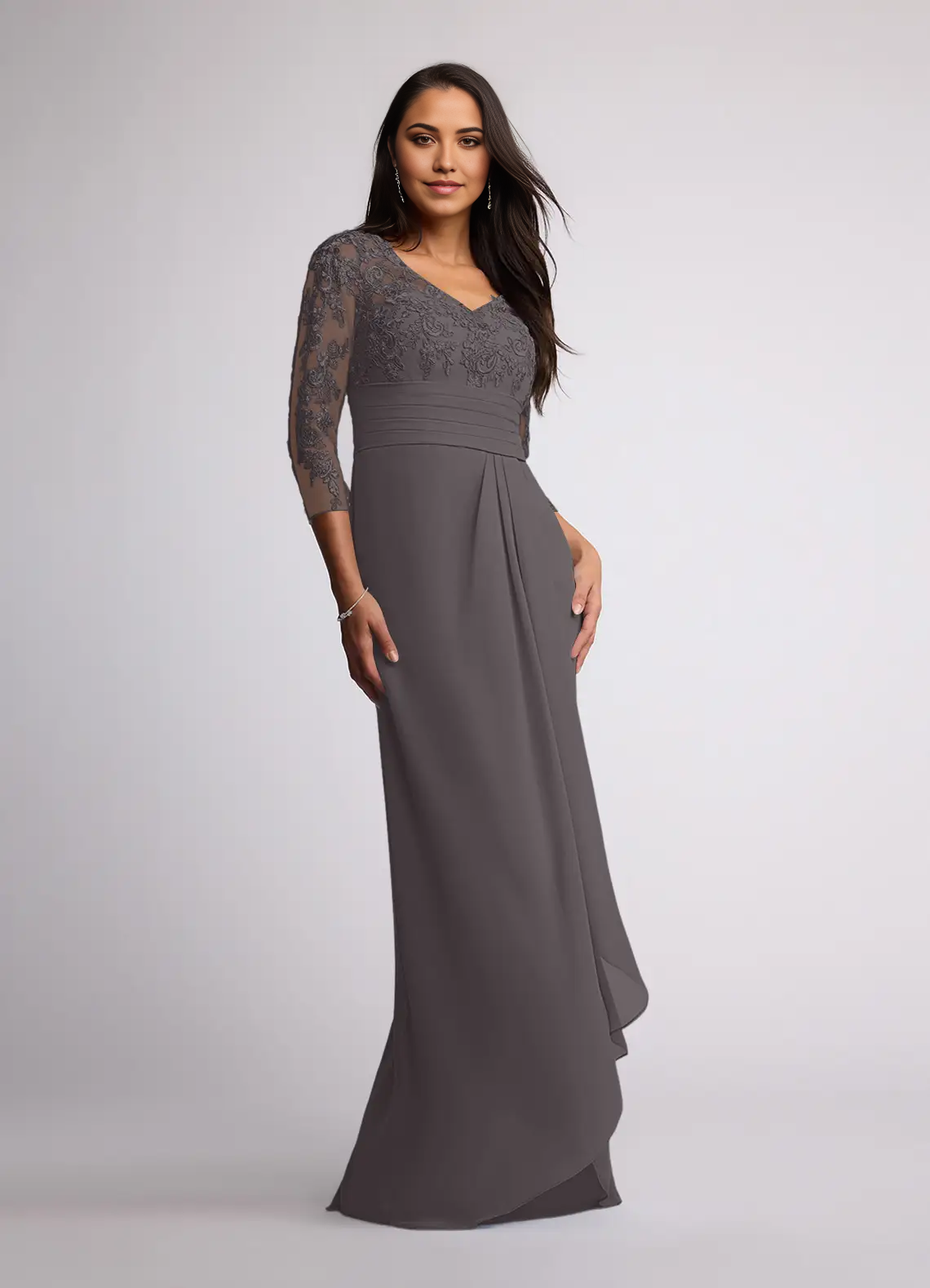 Sheath V-Neck Lace Chiffon Steel Grey formal dresses evening dress Mother of the Bride Dresses