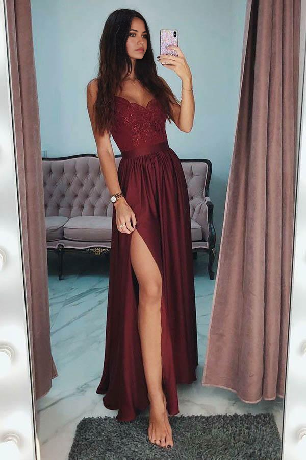A-Line Spaghetti Straps Lace Sequins Long Gray Prom Party Dress