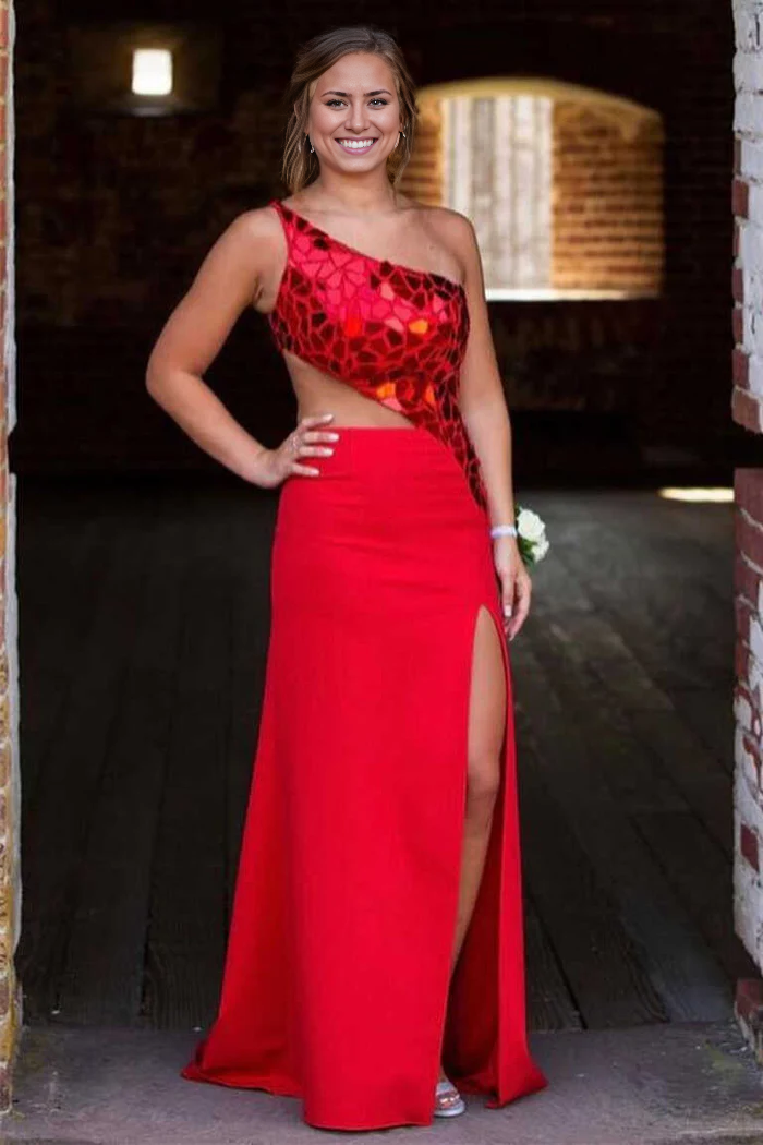 Sheath Sequins One Shoulder Cut Mirror Prom Dress