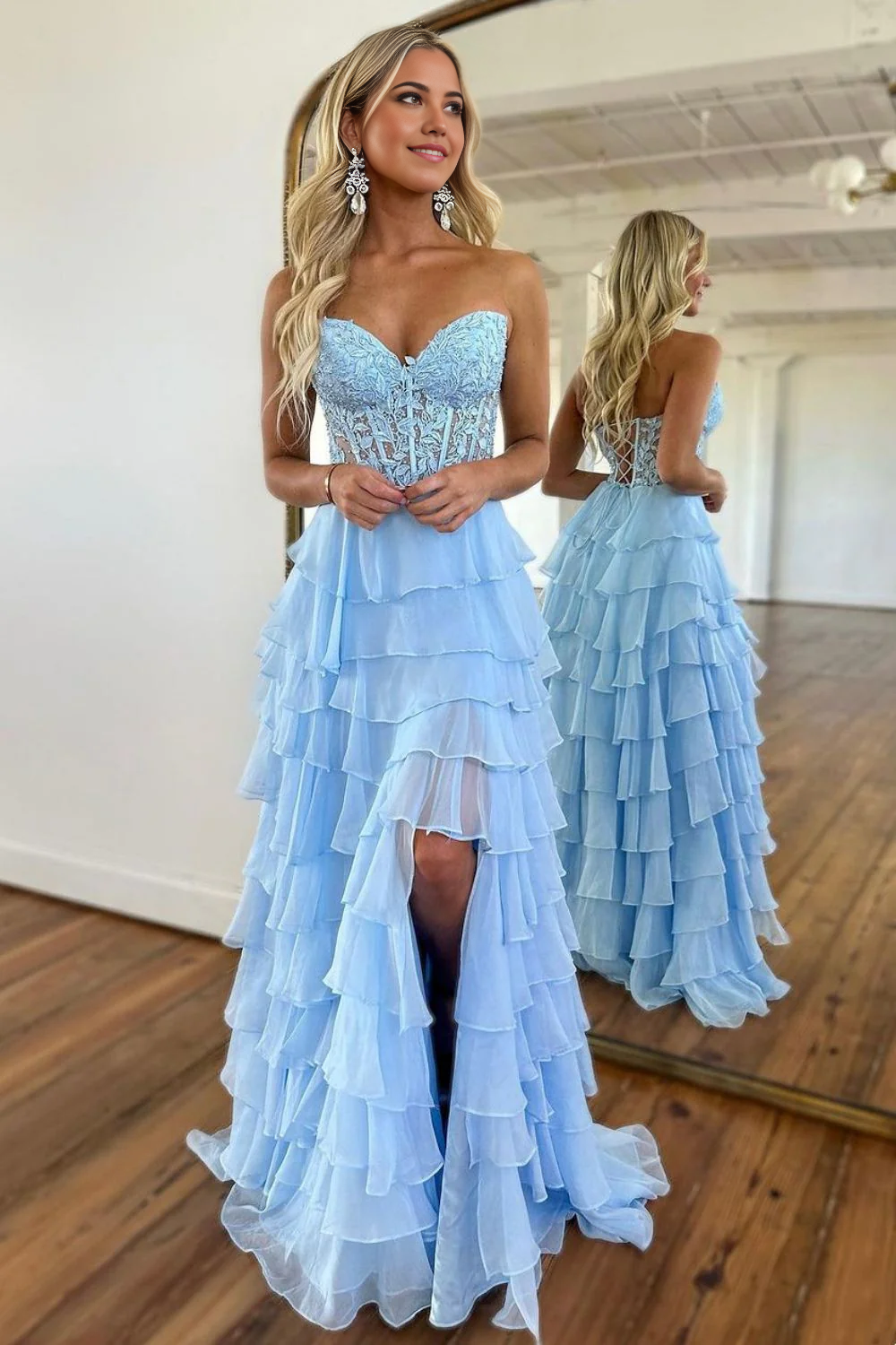 A-Line Sweetheart Light Blue Long Lace Chiffon Prom Dress With Slit