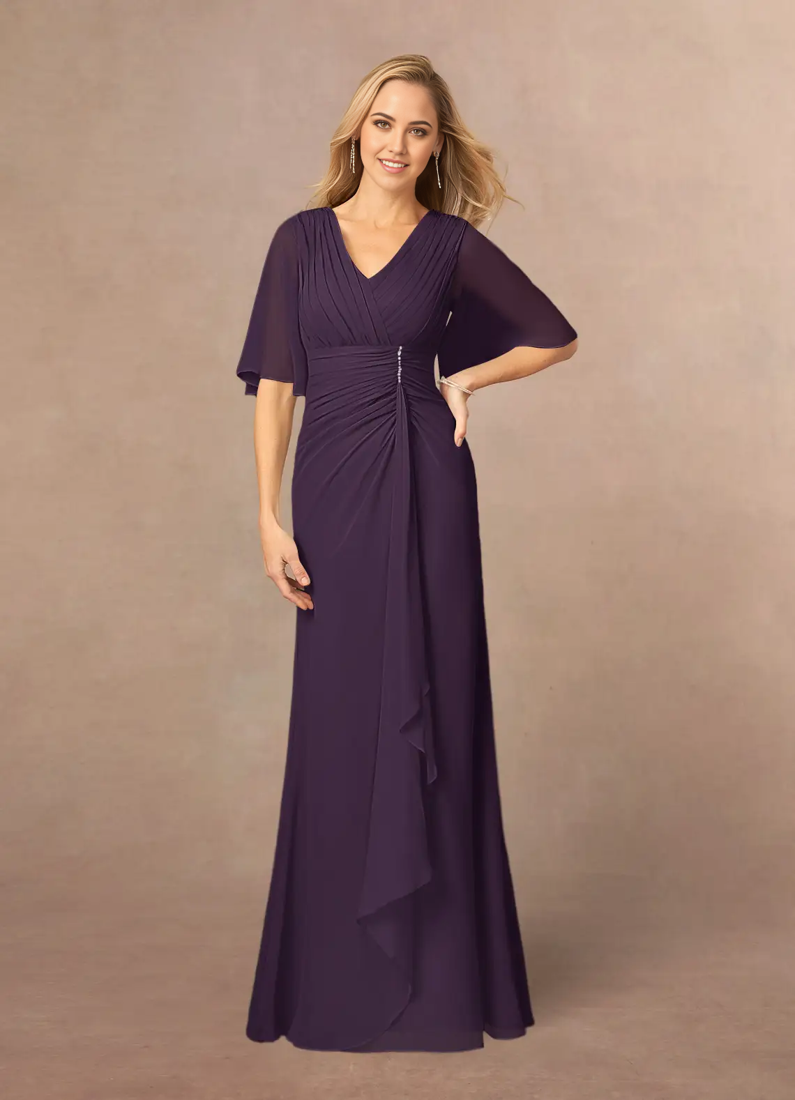 A-Line V-Neck Lace Chiffon Appliques Plum Mother of the Bride Dresses