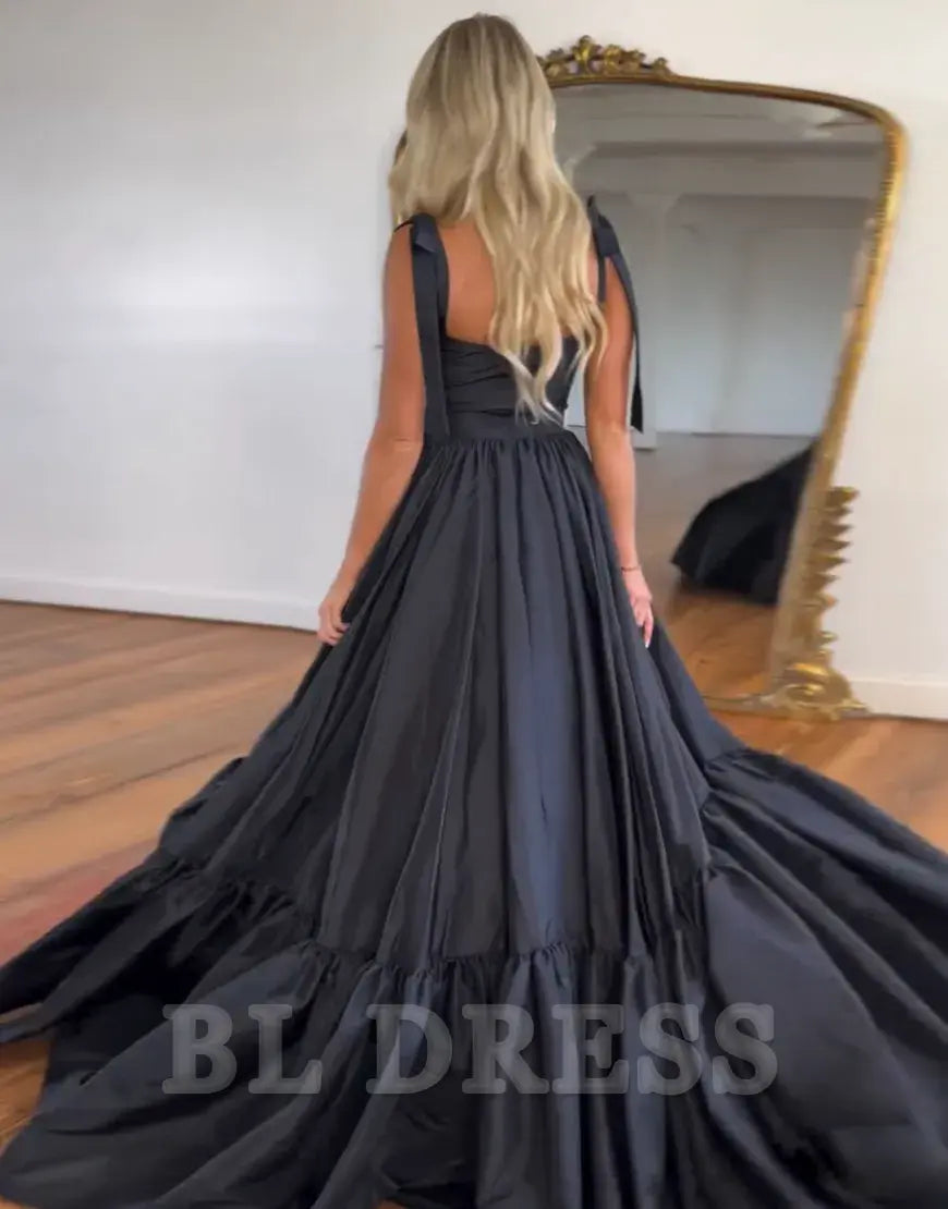 A-Line Sweet Princess Tie Straps Satin Black Long formal dresses evening gown Prom Dress