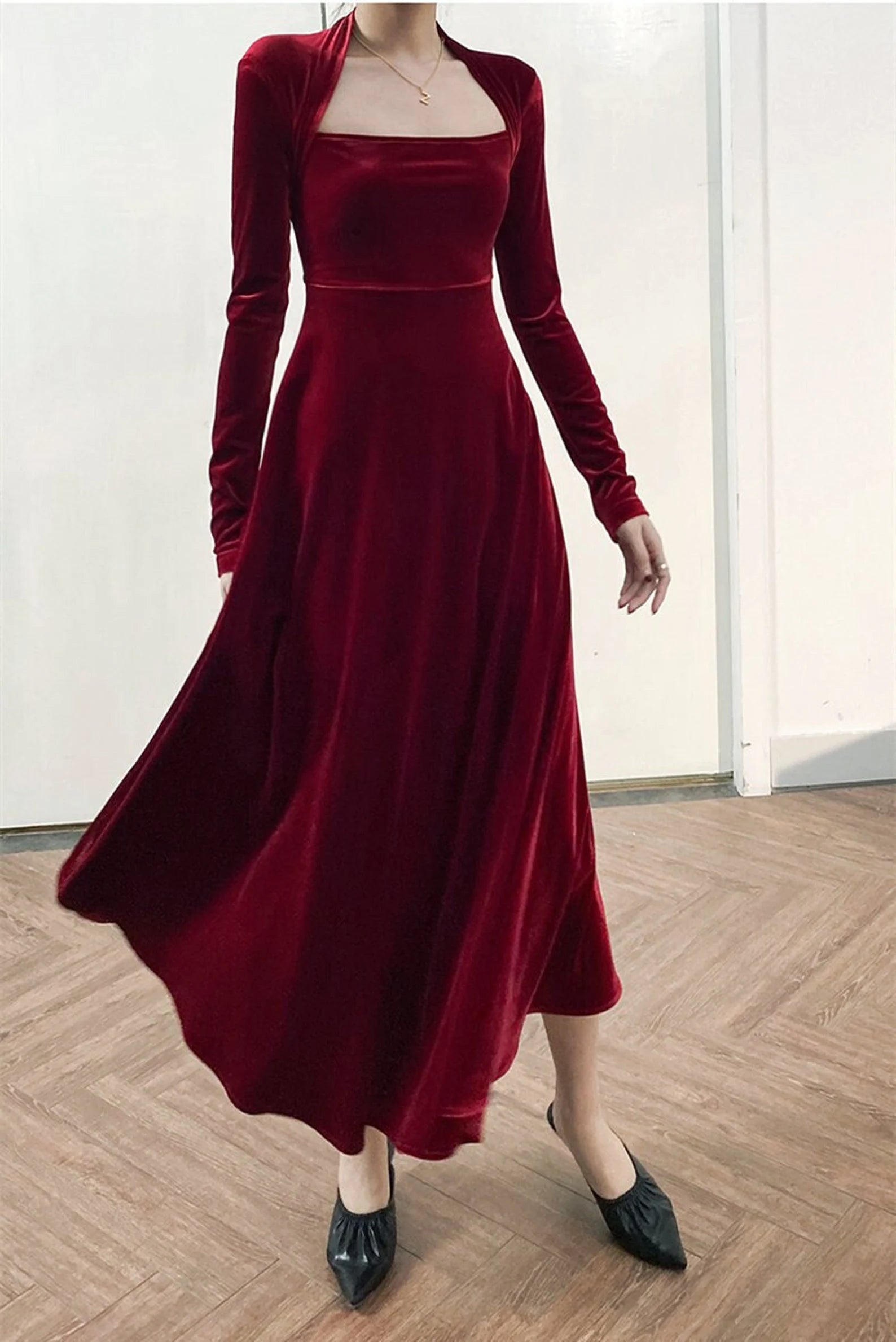 A-line Velvet Long Sleeve Bridesmaid Dress Formal Dresses for Wedding Guest Cocktail Dress Mother of the Bride Dresses