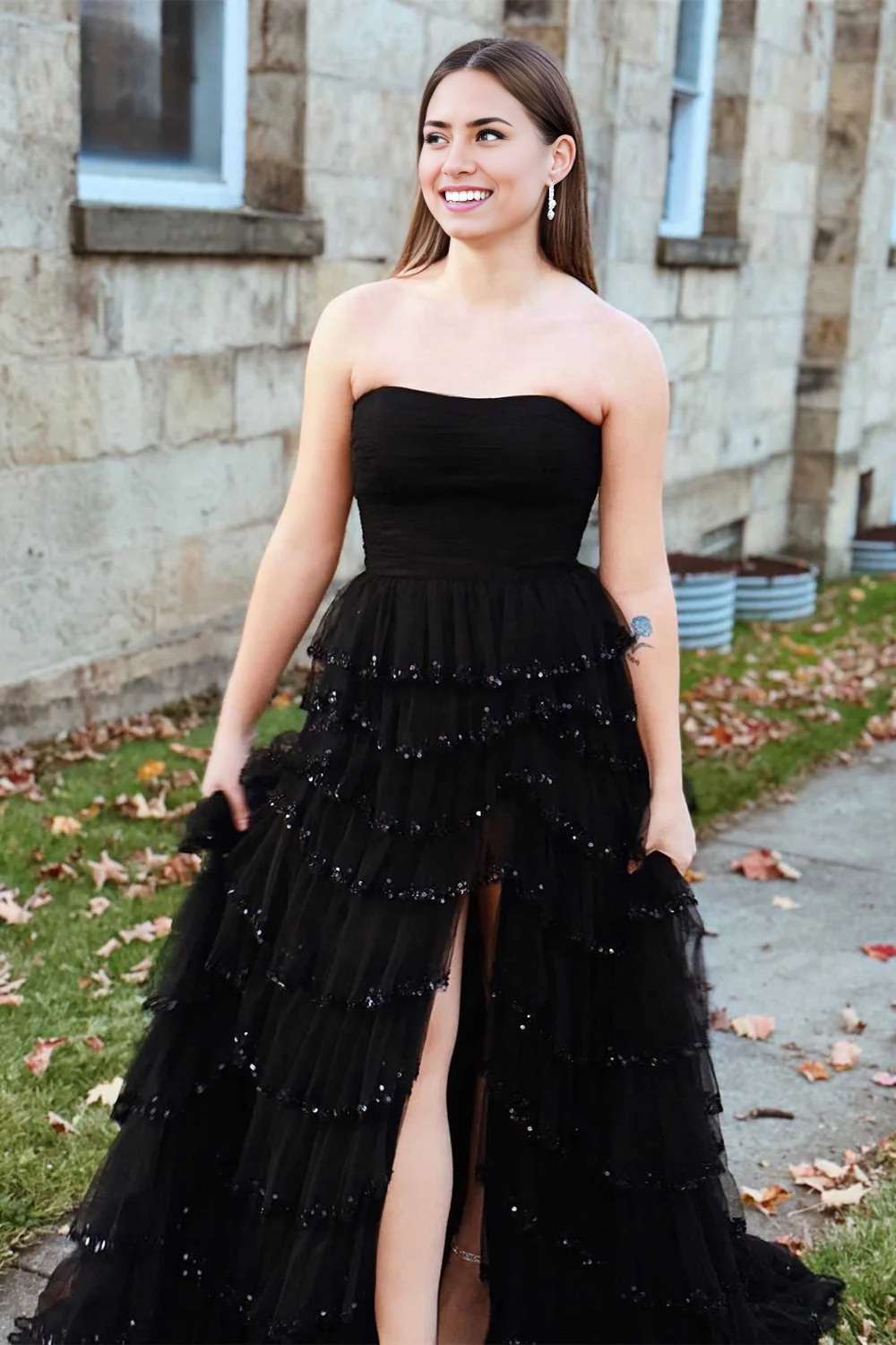 A-line Strapless Layered Tulle Prom Dress with Sequins