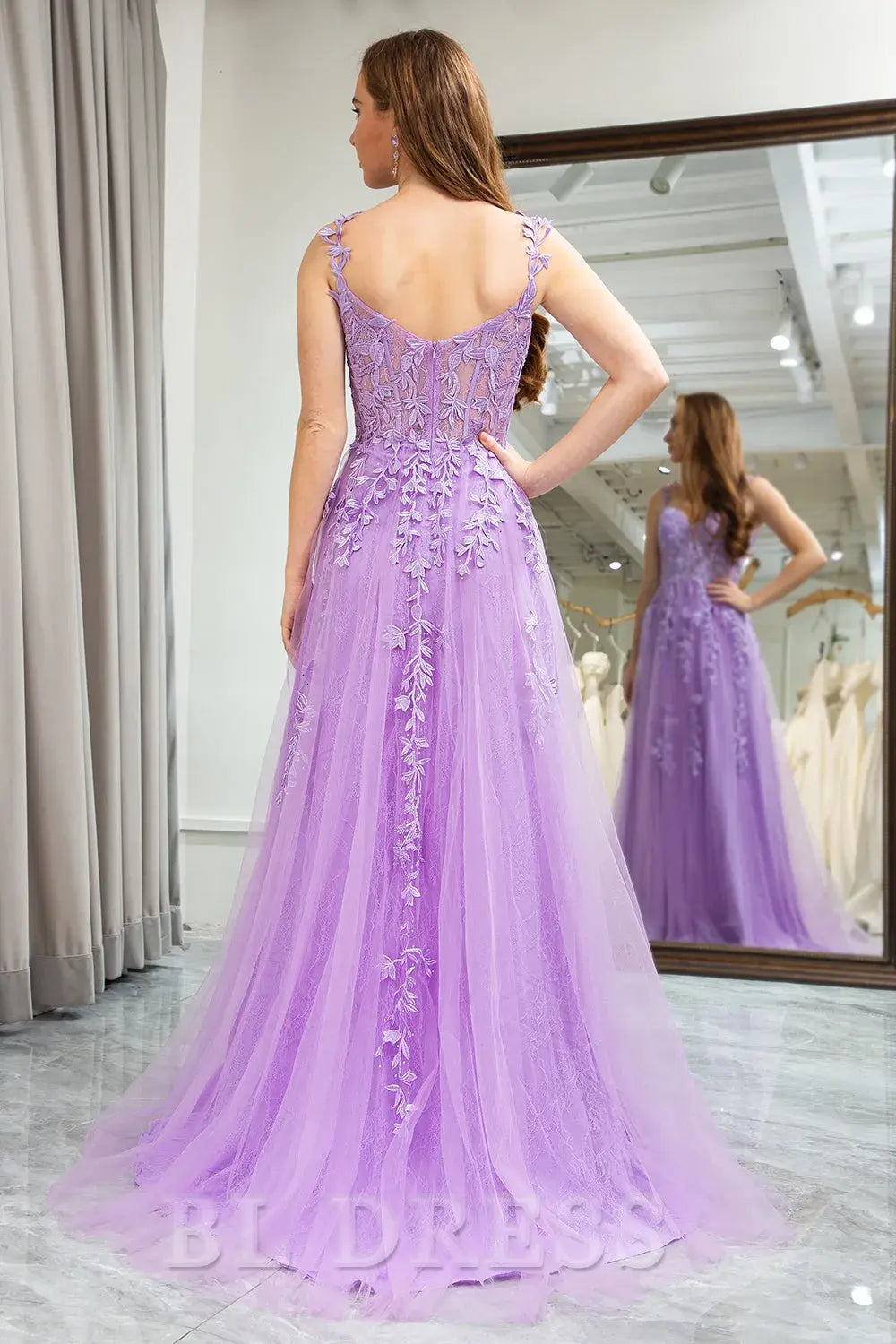 A-Line Spaghetti Straps Appliqued Lilac Long Tulle formal dress evening gown Prom Dress With Slit