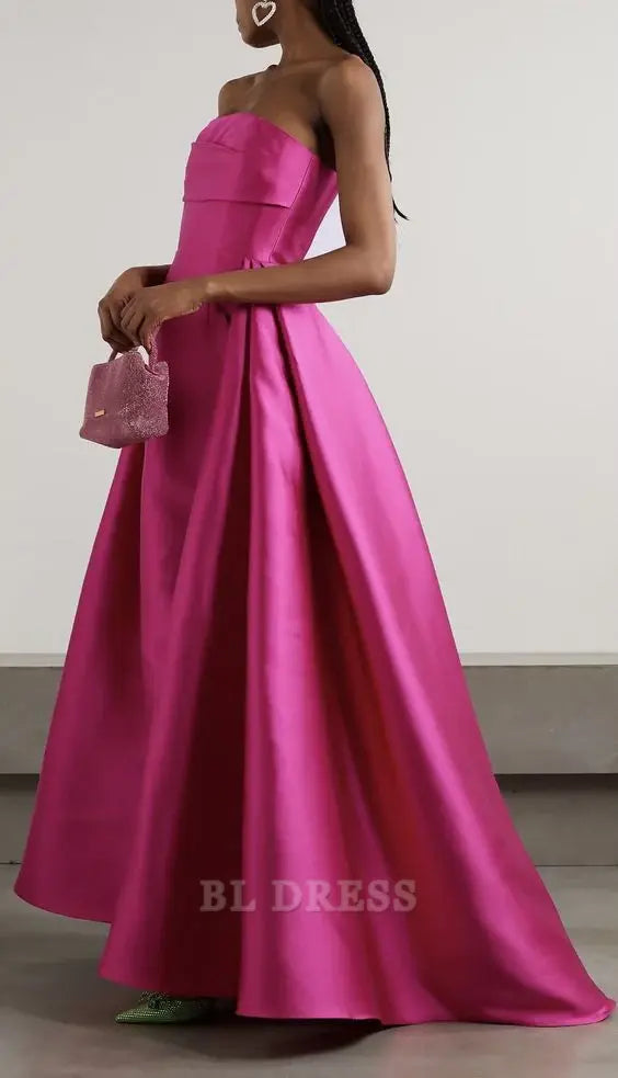A Line Strapless Hot Pink Satin Long Ruffles formal dresses Bridesmaid Dresses evening gown Prom Dress