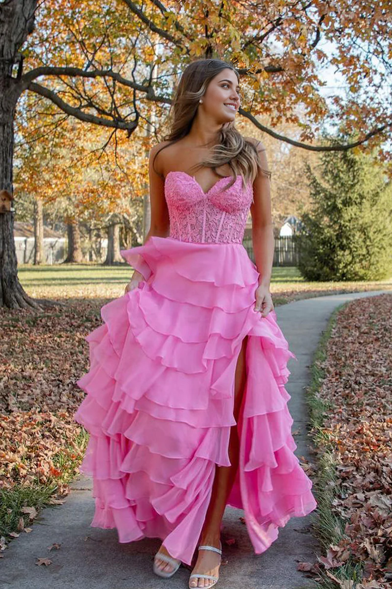 A Line Sweetheart Cute Hot Pink Chiffon Tiered Long Prom Dresses with Appliques