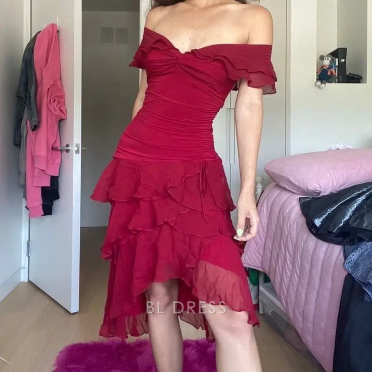 A-Line Off The Shoulder Red Ruffle Chiffon formal dresses Bridesmaid Dresses evening gown Prom Dress