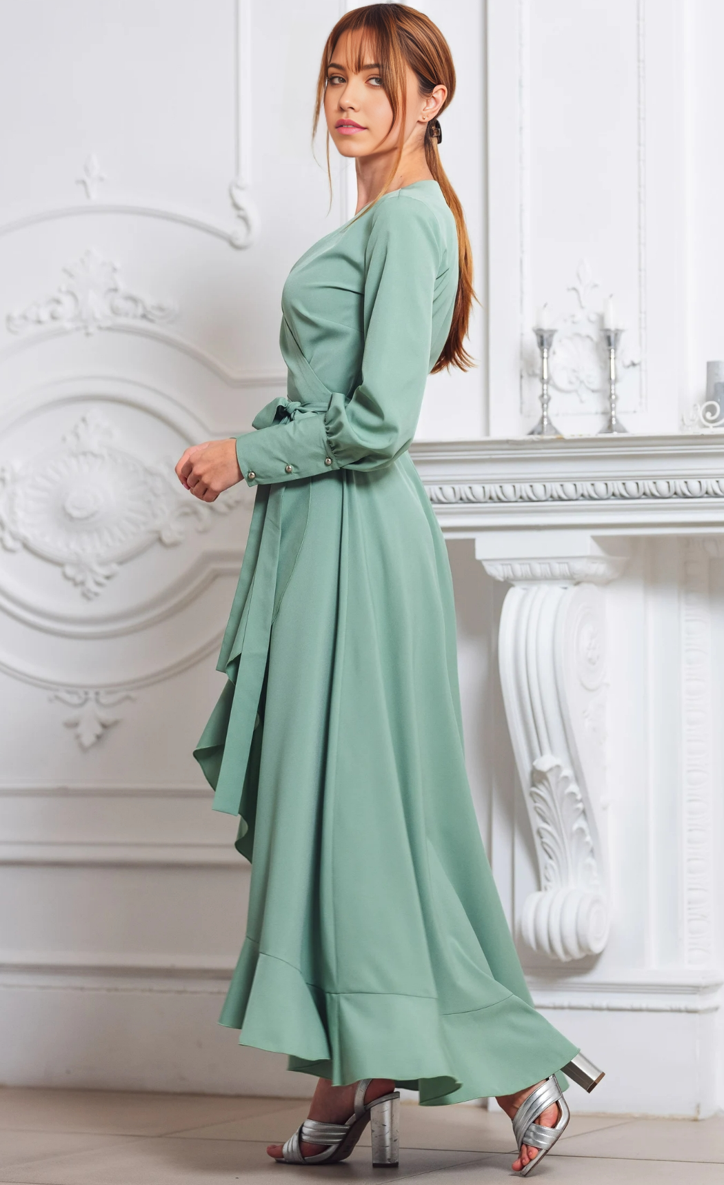 A-line V-Neck Tea Length Long Sleeve Cocktail Dress Bridesmaid Dress Formal Dresses for Wedding Guest Mother of the Bride Dresses