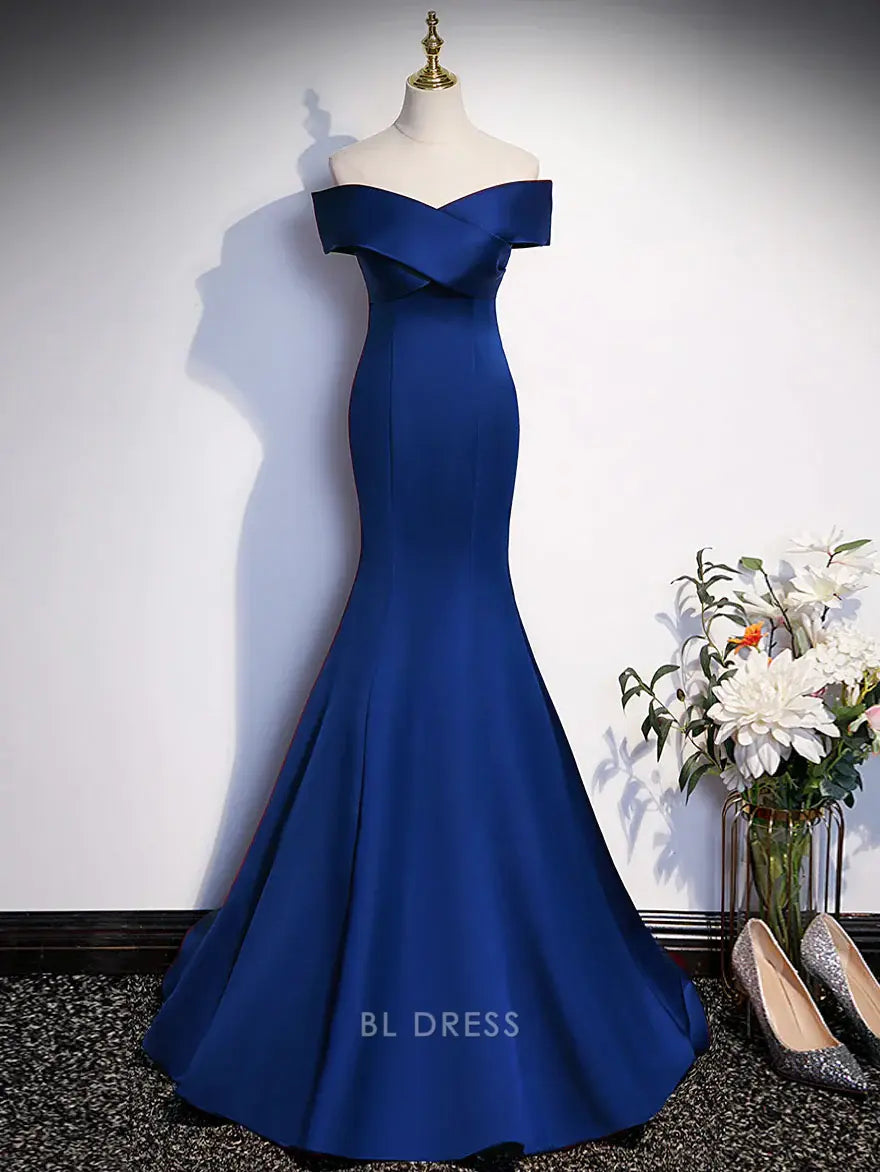 Mermaid Off Shoulder Satin Royal Blue Long formal dresses Bridesmaid Dresses evening gown Prom Dress