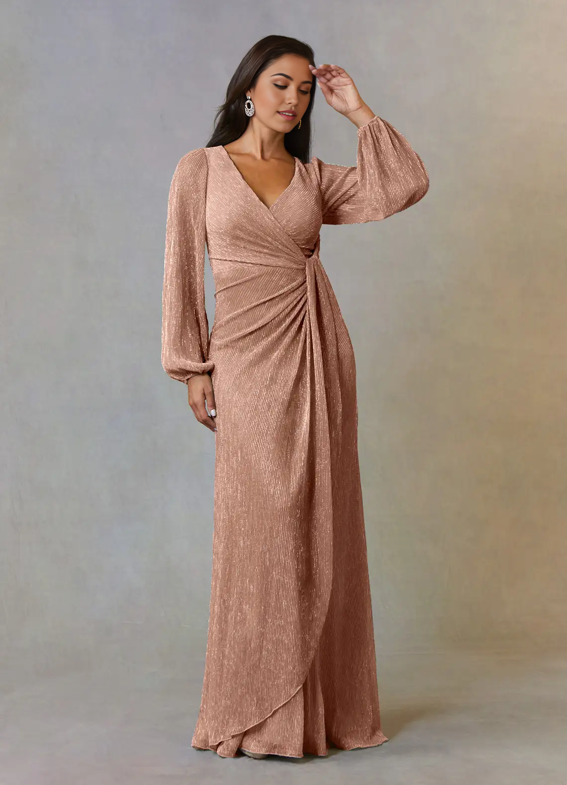 A-Line V-Neck Long Sleeve Ruched Rose Gold Mother of the Bride Dresses