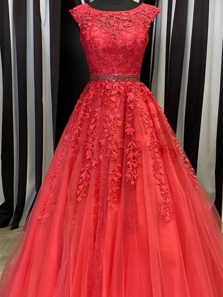 A-line Tulle Round Neck Tulle Lace Long Prom Dresses