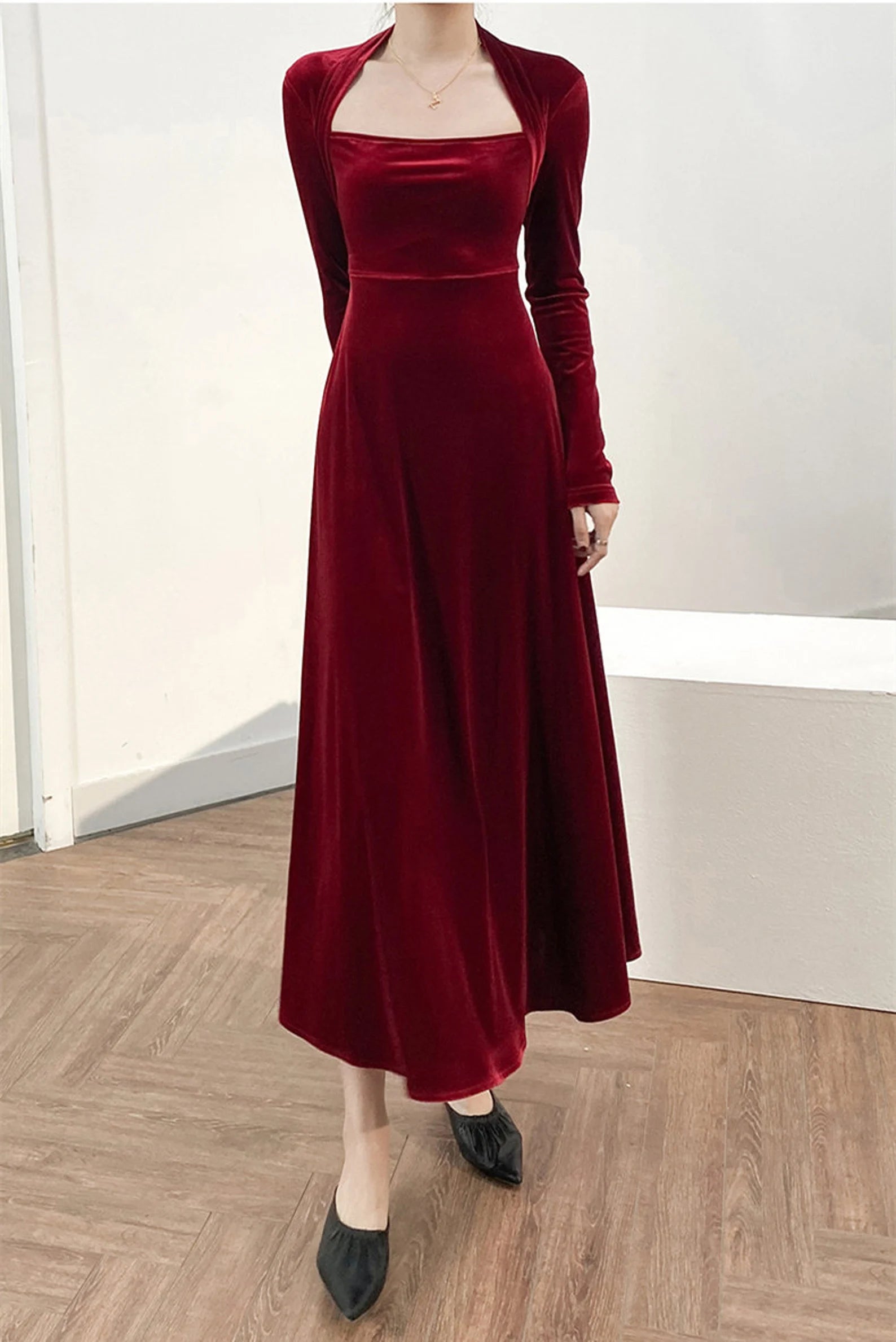 A-line Velvet Long Sleeve Bridesmaid Dress Formal Dresses for Wedding Guest Cocktail Dress Mother of the Bride Dresses