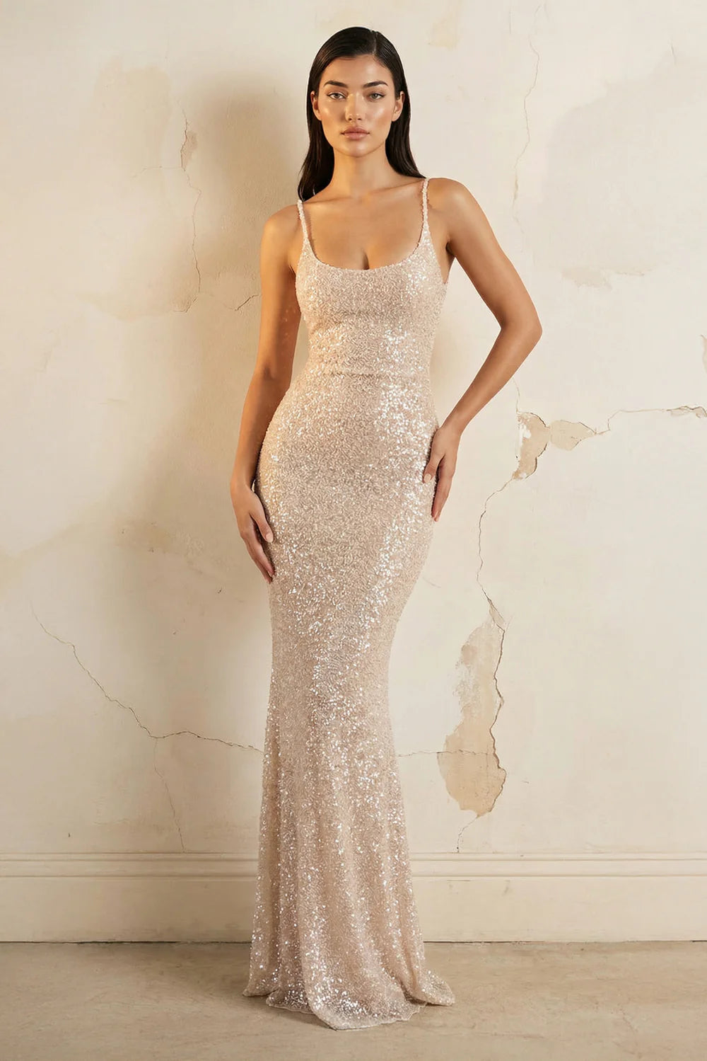 Sparkling Mermaid Square-Neck Spaghetti-Strap Low-Back Floor-Length Evening Dress