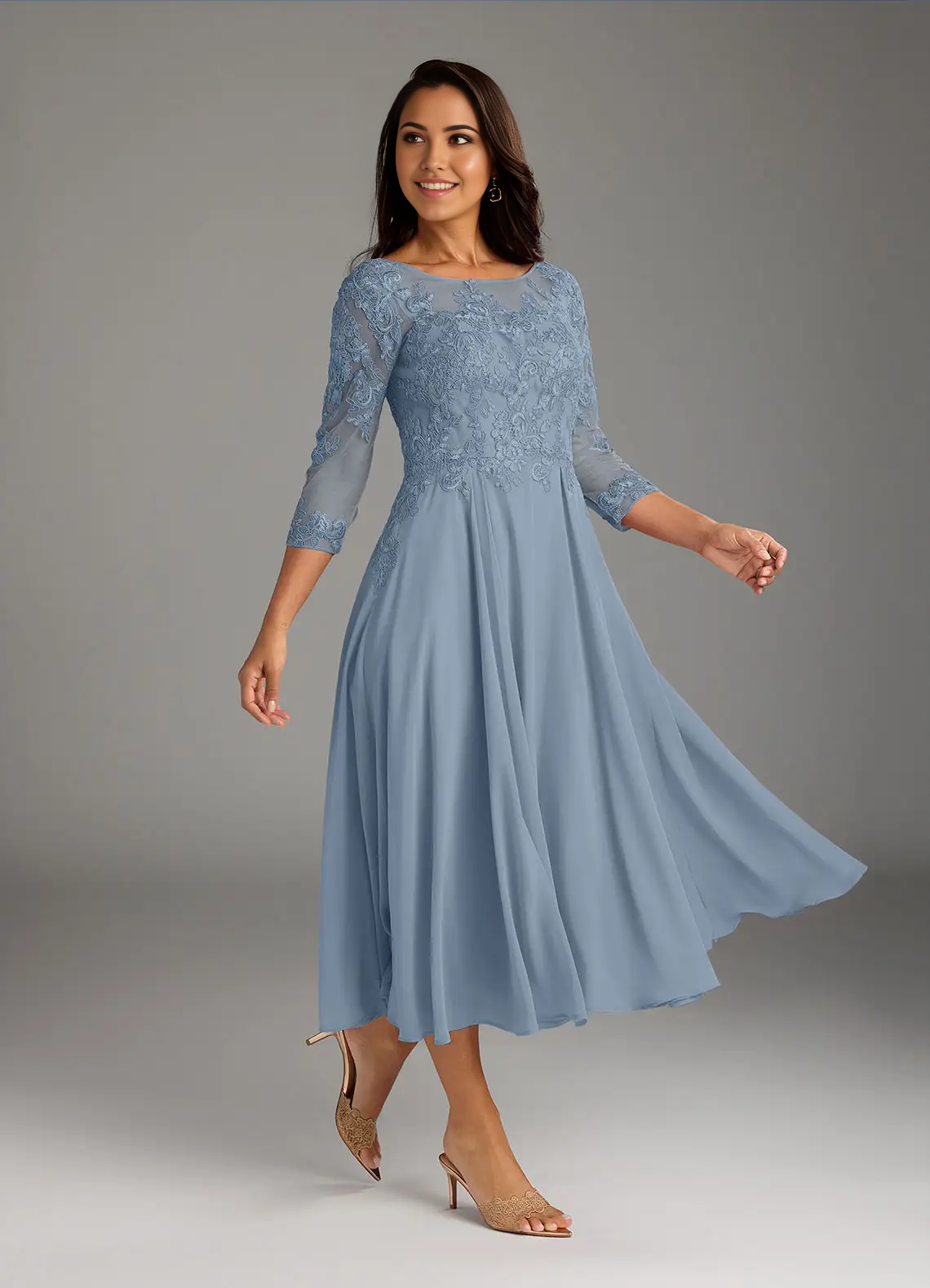 A-Line Scoop Lace Chiffon Dusty Blue Mother of the Bride Dresses