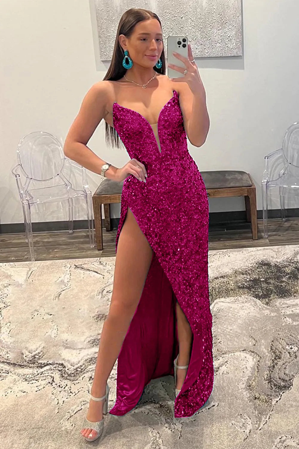 Sheath Sweetheart Sequin Prom Dress with Slit
