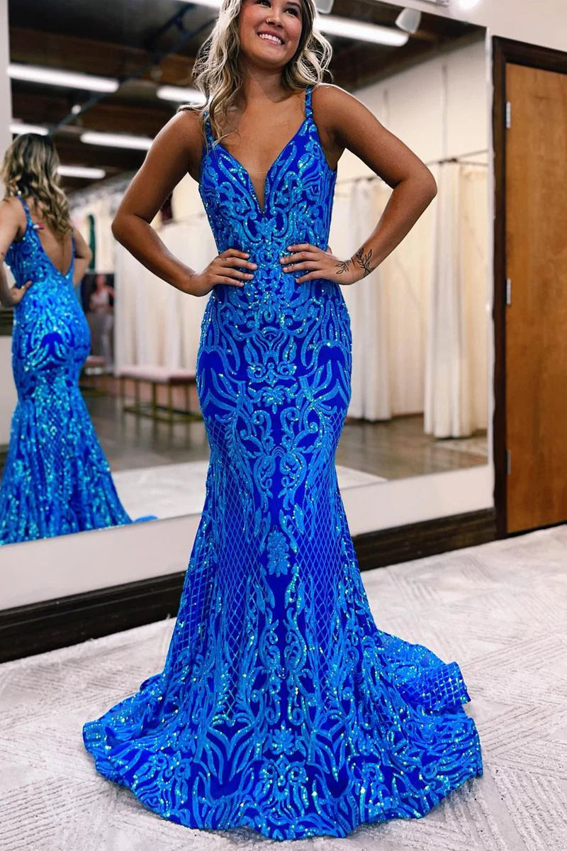 Mermaid V Neck Sequins Long Prom Dresses