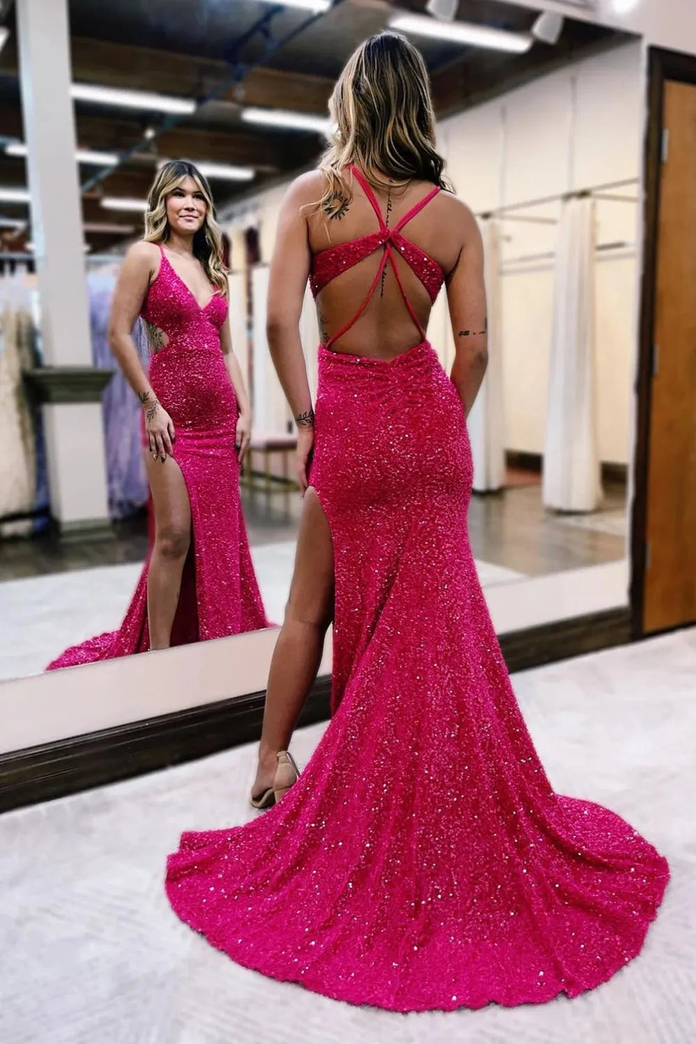 Mermaid V Neck Sequins Open Back Long Prom Dress