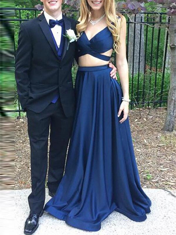 Two Pieces Formal V-neck Satin Sweep Dresses Prom Dresses