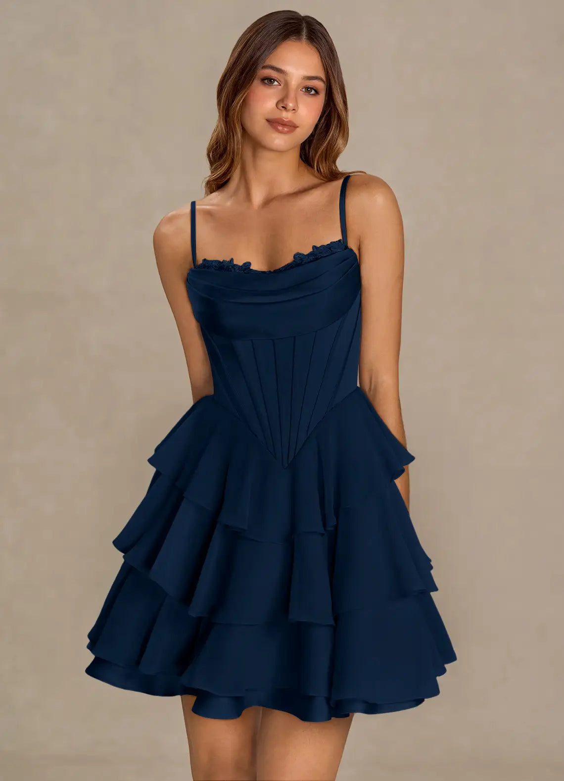 Elegant A-Line Strapless Ruffled Tiered Navy Short Homecoming Dress Women's