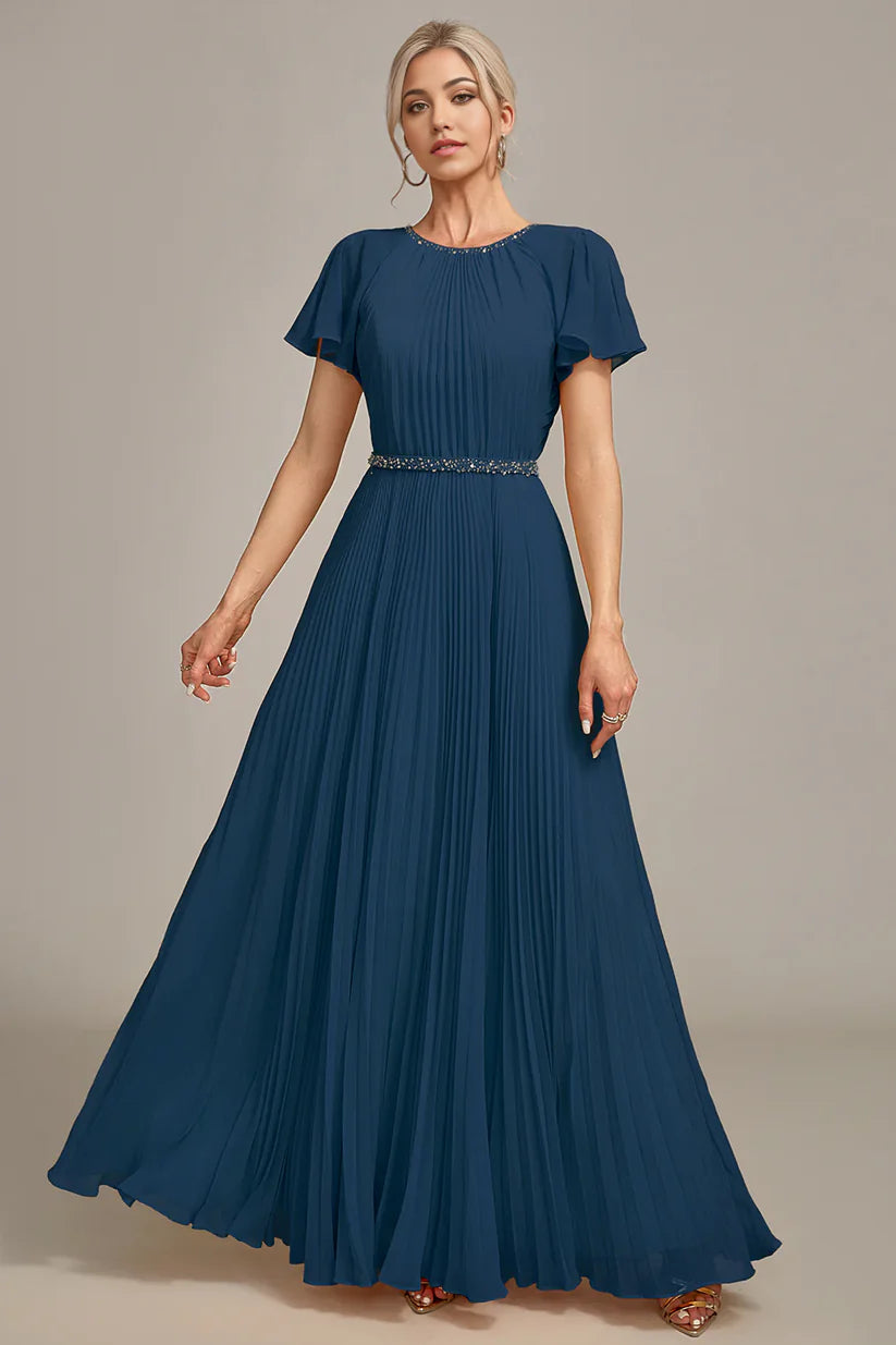 A-Line Round Neck Pleated Mother of Bride Dress With Short Sleeves